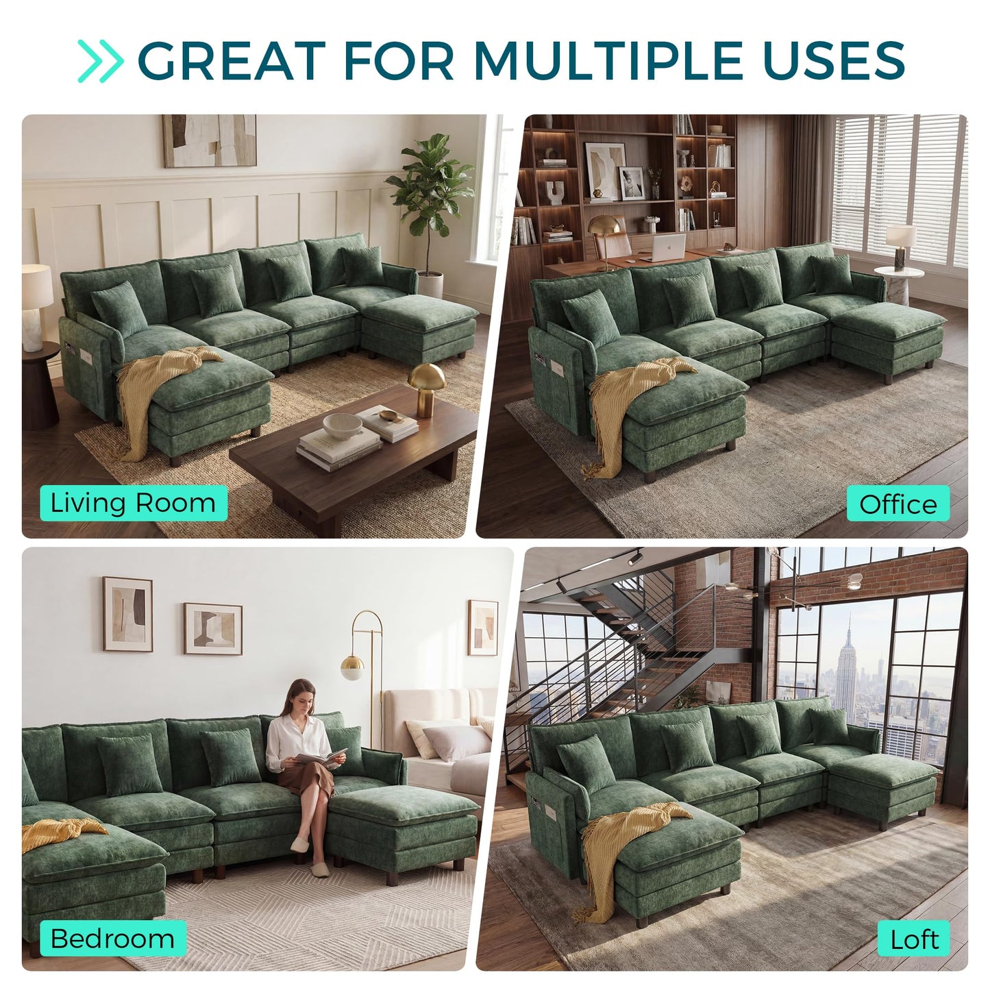 LINSY HOME 129'' Modular Sectional Sofa 4 Seat Couch Chenille Cloud Couch with Deep Seat, U Shaped Couch with 2 Movable Ottoman for Living Room, Office, Bedroom, Green(Pillows Included)