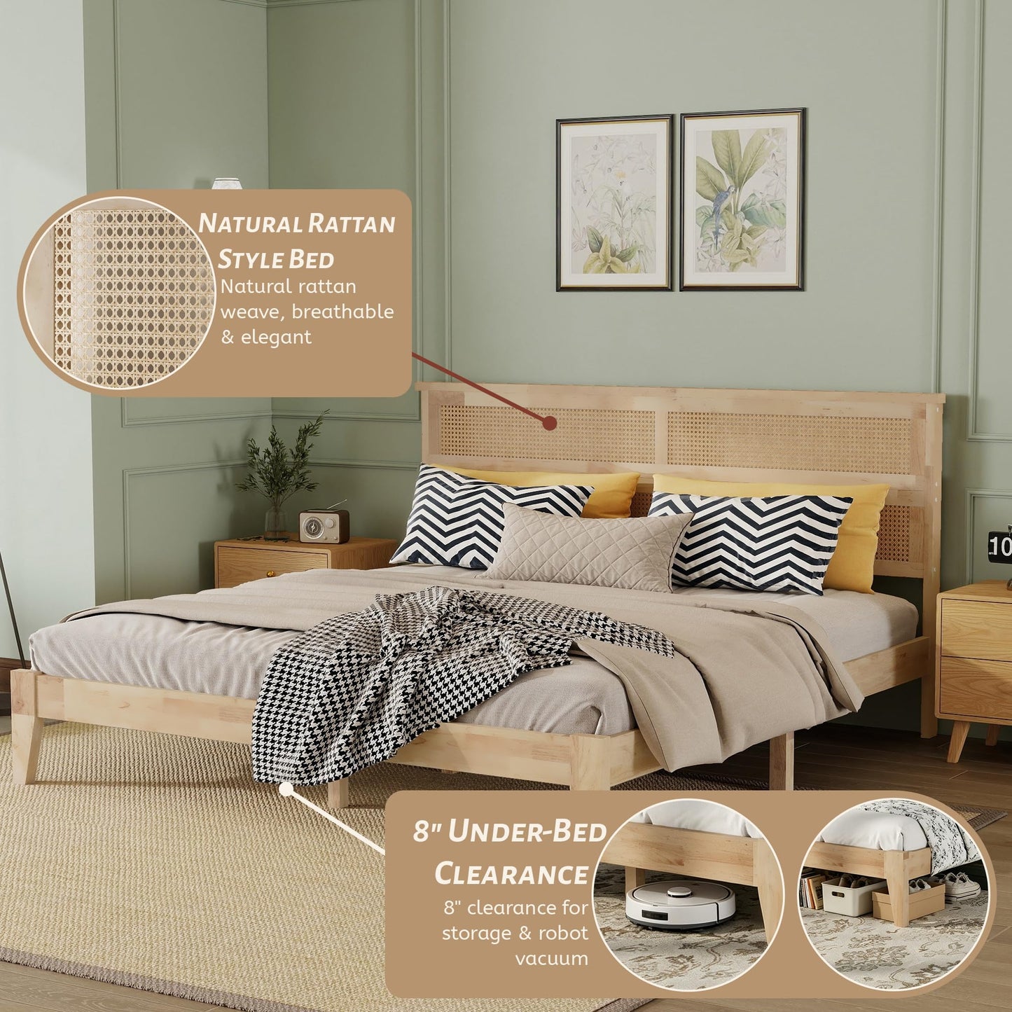 KEIKI King Size Solid Wood Bed Frame with Interwoven Rattan Headboard, Rubber Wood Platform Bed with Underbed Storage Space, Heavy Duty Support Legs, Noise Free Foundation, Natural