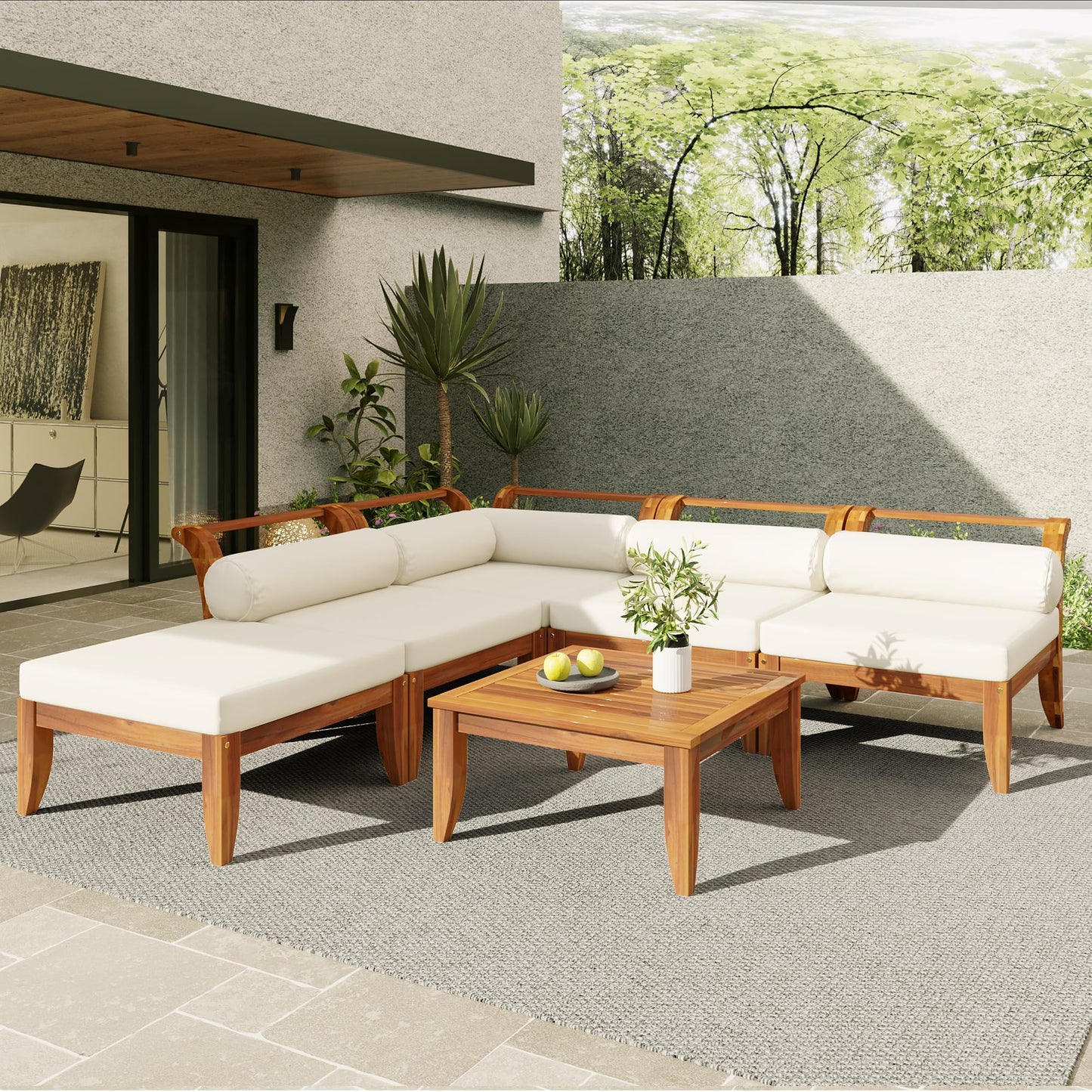 Merax 6 Pieces Patio Furniture Set, Outdoor L-Shaped Sectional Sofa Set with Coffee Table, Acacia Wood Conversation Seating & Cushions and Lumbar Pillows, for Garden, Poolside and Backyard, Teak+Beige