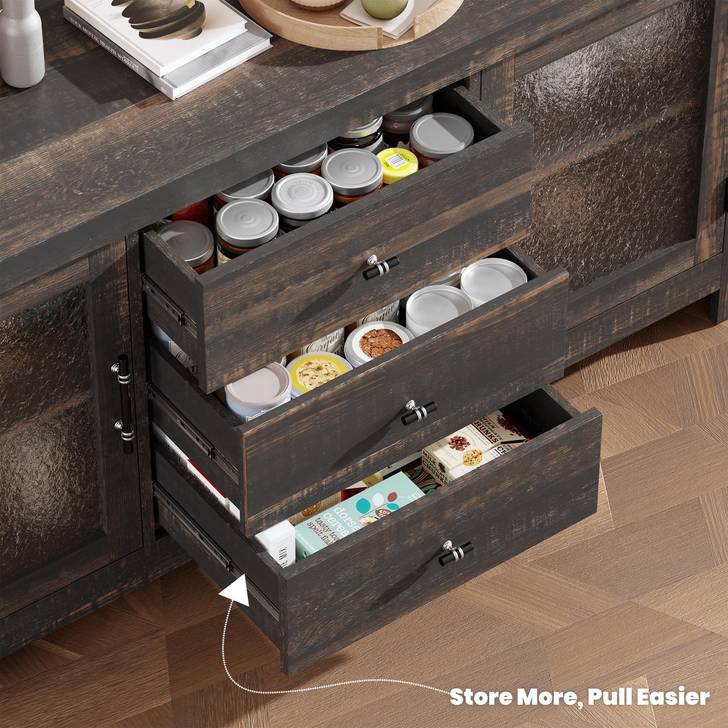 MilleLoom 54.4" Kitchen Buffet Sideboard Cabinet with 2 Glass Doors & 3 Drawers, Accent Storage Cabinet & Coffee Bar Table for Living Room Dining Room
