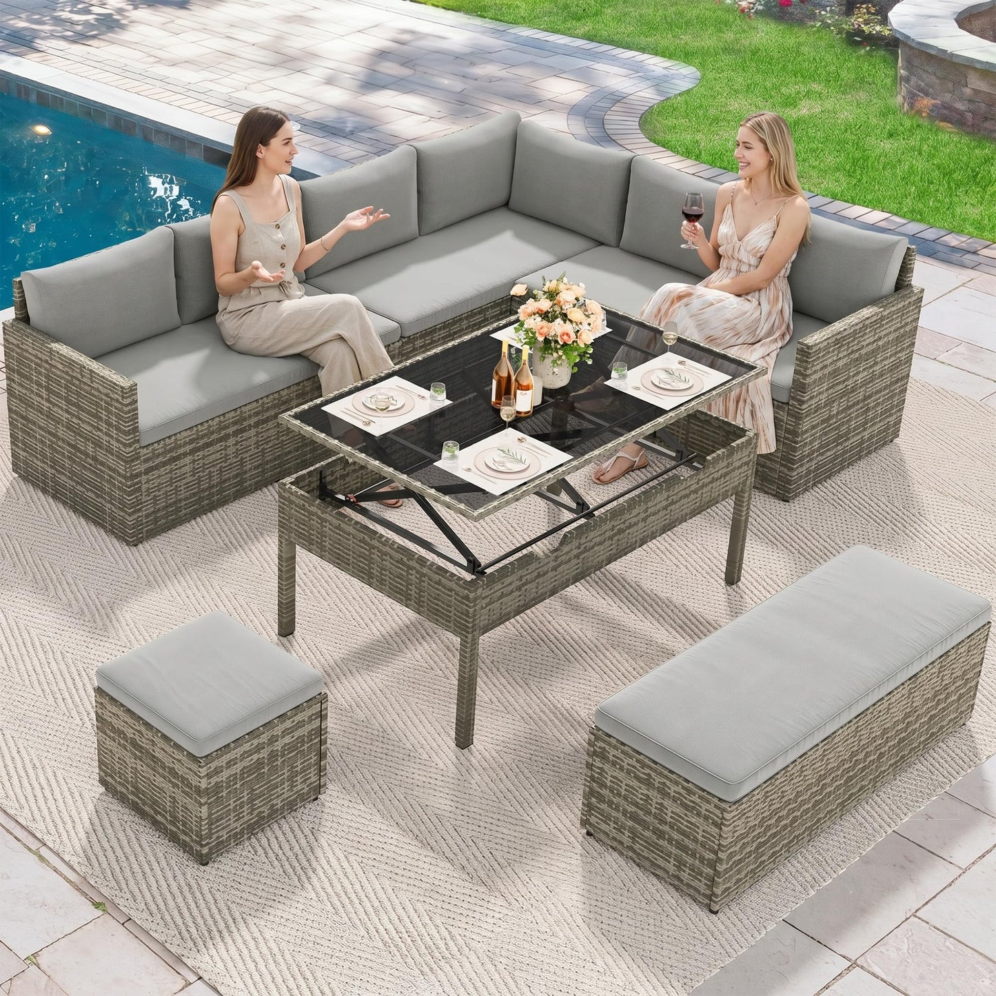 YITAHOME 9PCS Patio Furniture Set with Lift-Top Coffee Table & Ottoman, Outdoor Modular Sectional Sofa, Waterproof Patio Conversation Set, All-Weather Patio Sofa, Outdoor Couch for Deck Backyard