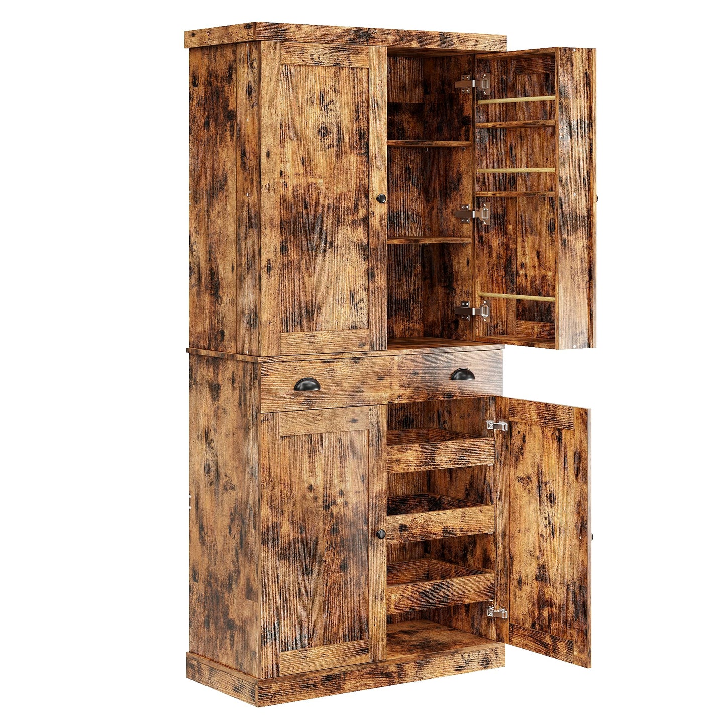 IRONCK Kitchen Pantry Cabinet 72" Height, Freestanding Cupboard with Drawer, Sliding Storage Rack, and 6 Hanging Shelves for Dining Room, Laundry, Living Room, Vintage Brown