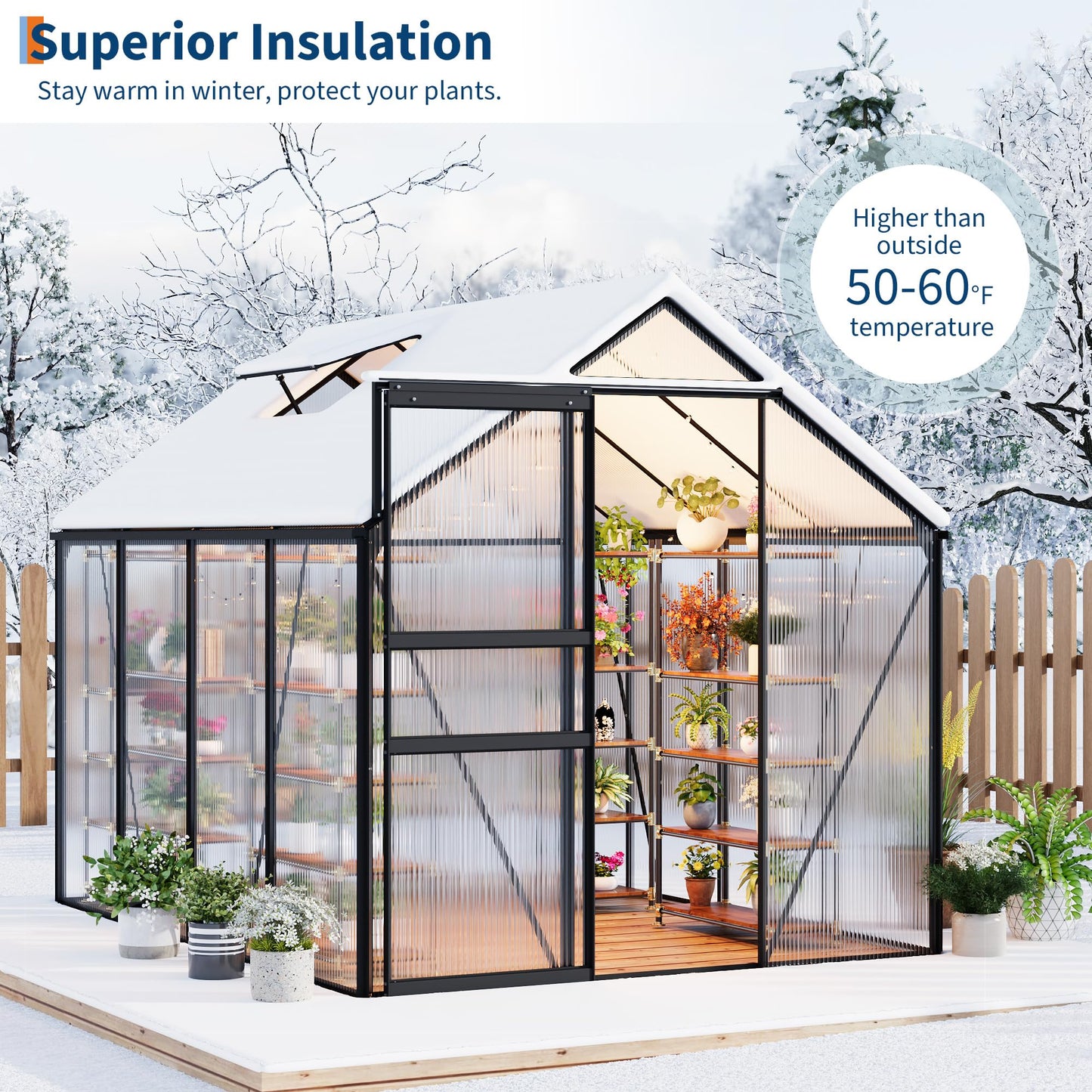 GarveeHome 6x8FT Greenhouse, Large Walk-in Polycarbonate Greenhouse with Adjustable Vent Window, Sliding Door, Portable Green House Kit for Outdoors, Winter