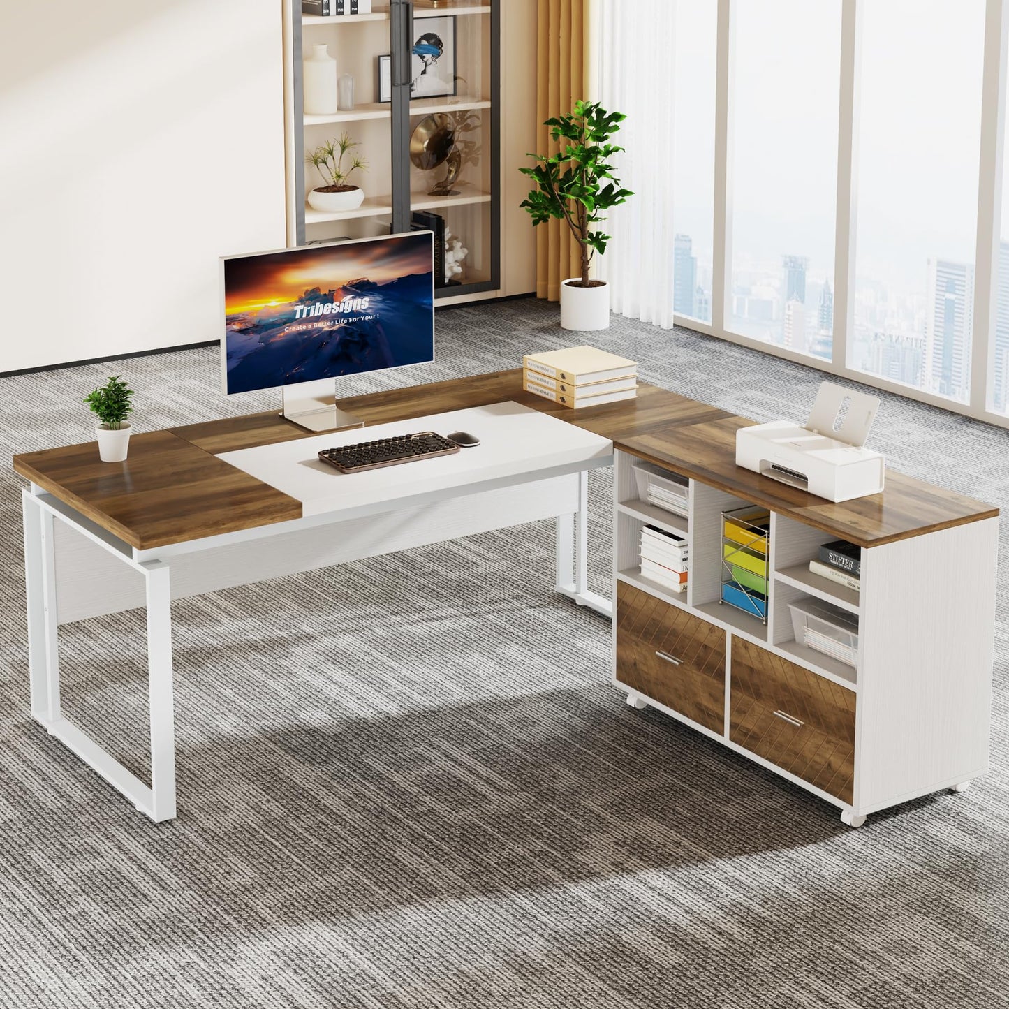 Tribesigns 2-Drawer Wood File Cabinet, Mobile Lateral Filing Cabinet for Hanging Letter Size Files, Printer Stand with Open Storage Shelves for Home Office (Oak Karo & White)