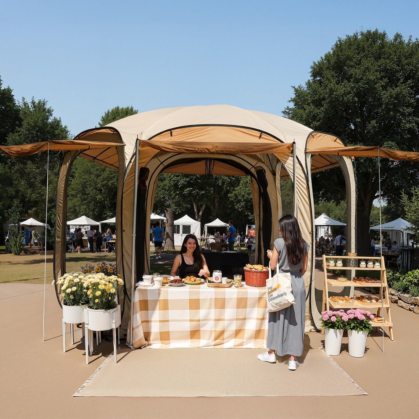 East Oak 12x12 FT Pop Up Canopy Tent with Mosquito Netting, Instant Gazebo Screen House with 6 Sunshades, UPF 50+ UV Protection Waterproof Outdoor Shelter for Patio, Backyard, Deck & Camping, Beige