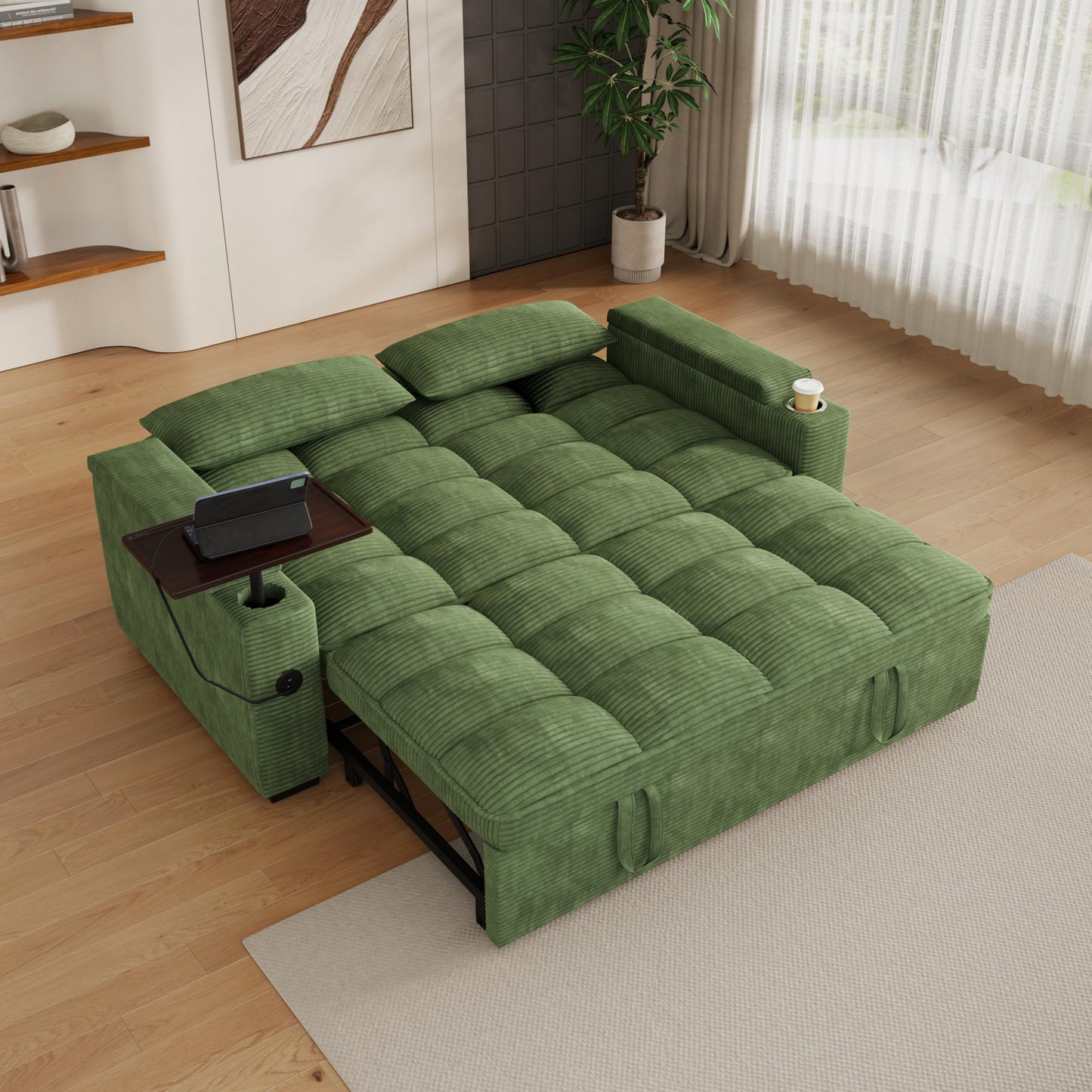 KEIKI 65" 3-in-1 Pull-Out Sofa Bed, Convertible Corduroy Sleeper Couch with Adjustable Backrest, USB Charging Ports & Storage Arms, Compact Futon Sofa for Guest Rooms, Studios & Small Living Spaces