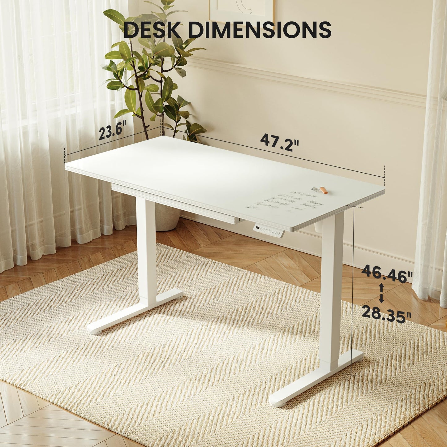 CubiCubi 48x24 Standing Desk with Glass Top, Height Adjustable Computer Desk with Drawer, One-piece Rising Home Office Desks with Positon Memory, Sit Stand Up Electric Workstation Table, White