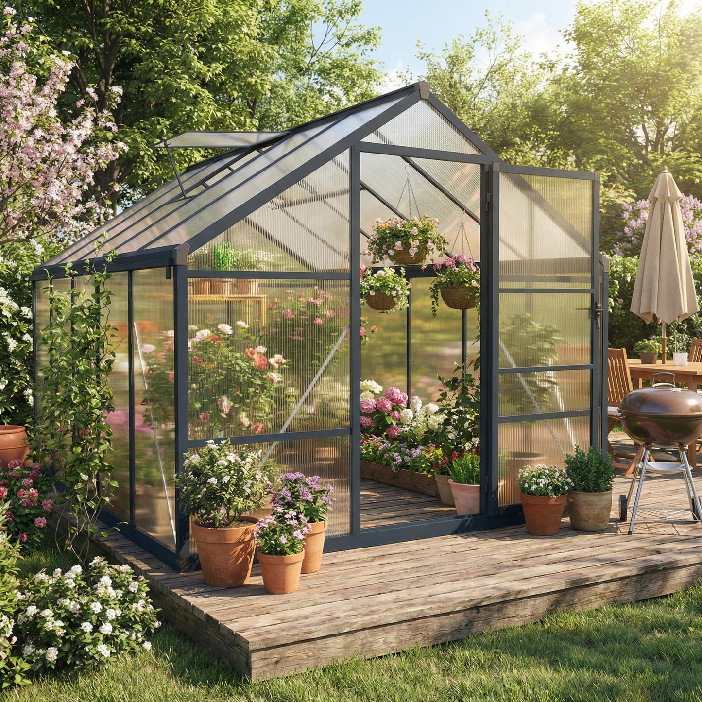 Garvee 8x10ft Greenhouse, Large Walk-in Greenhouse for Outdoors with Roof Vent & Lockable Outward-Opening Swing Door, Heavy Duty Aluminum Frame Polycarbonate Green House for Garden,Backyard,Lawn,Grey