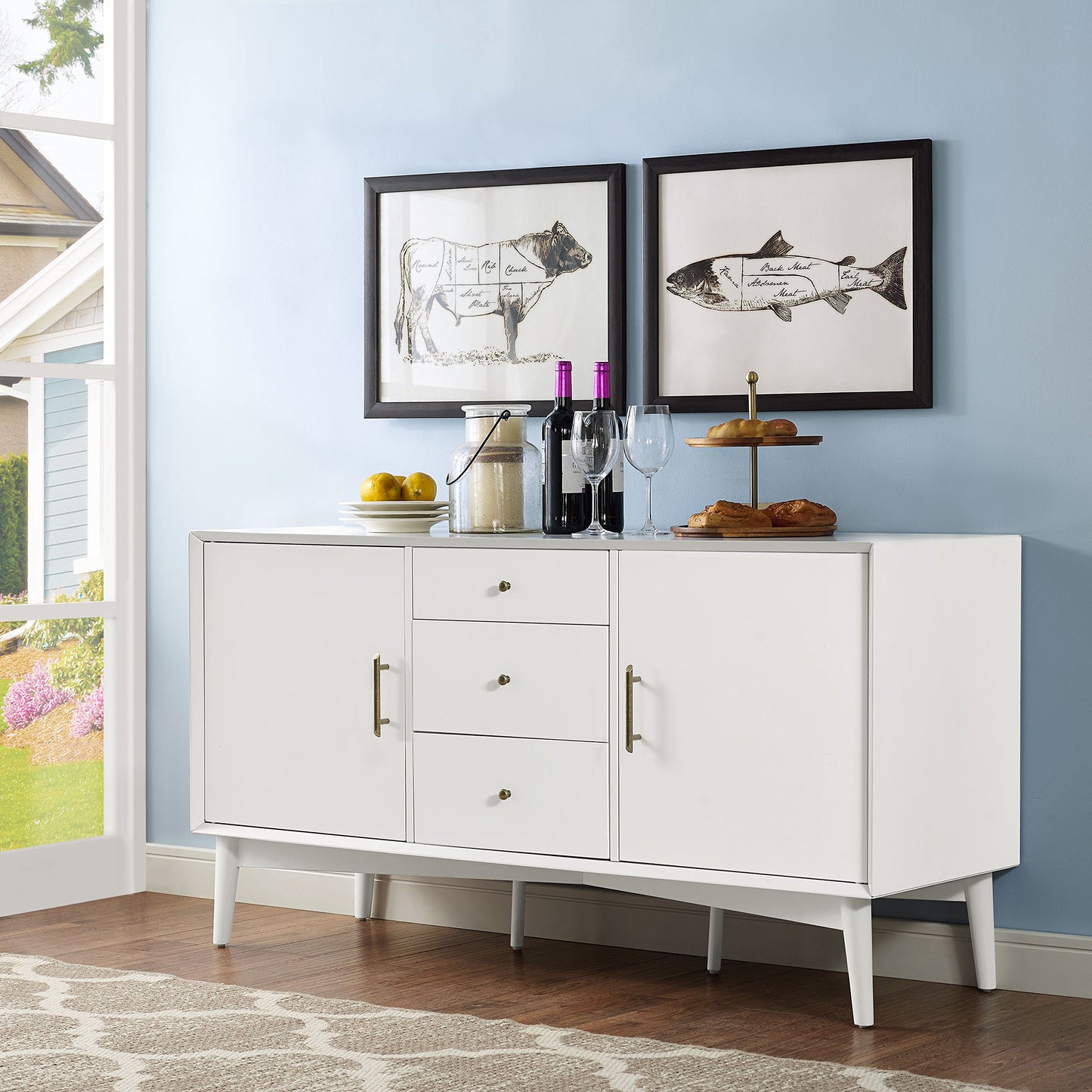 Crosley Furniture Landon Mid Century Sideboard Buffet Cabinet with Storage, White