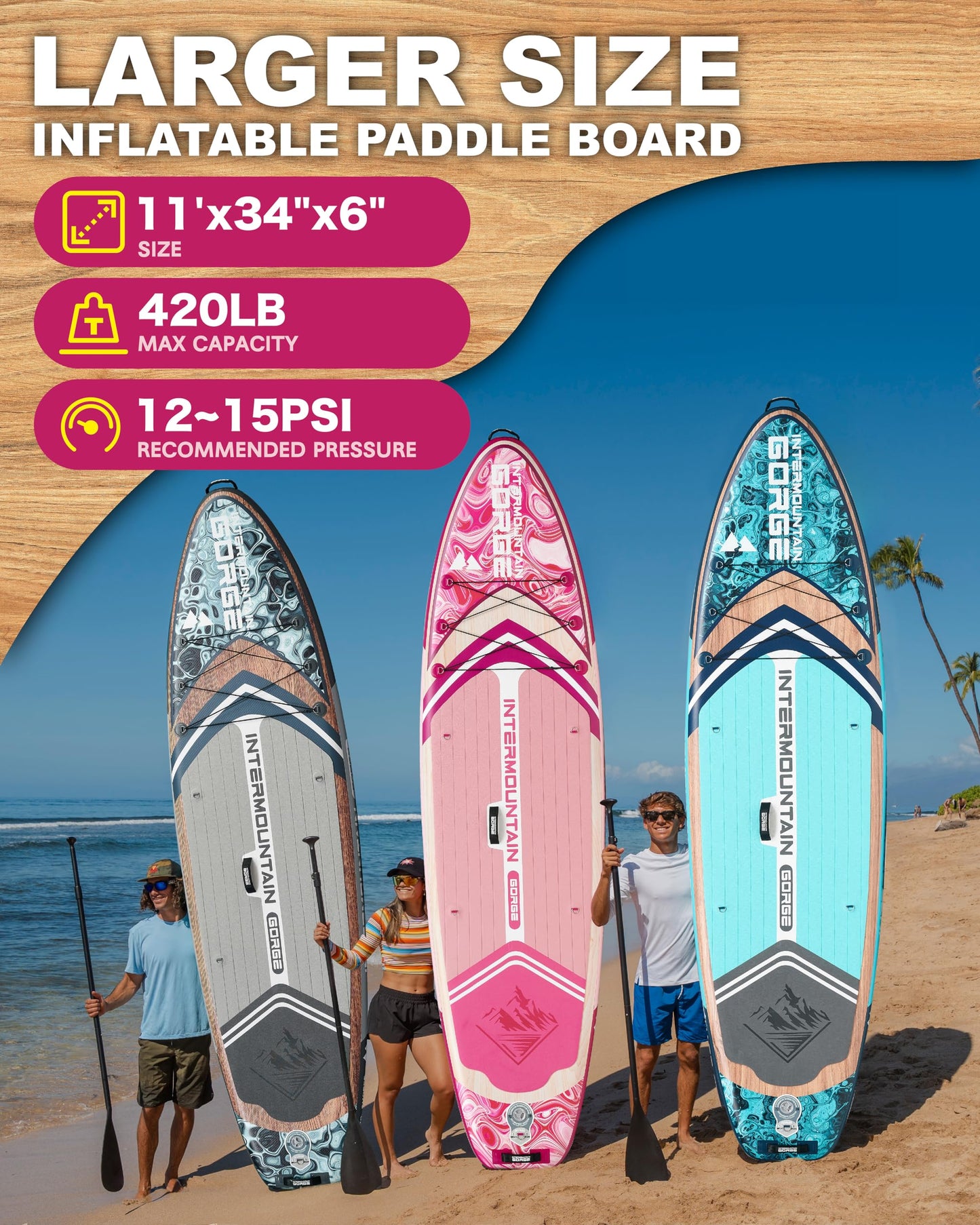 11'x34 Ultra Wide Inflatable Paddle Board, Stand Up Paddle Board &420lb Capacity for All Skill, Paddle Board for Yoga/Family, EVA Deck, US Fin, 100L Bag, High-Pressure Pump, Safety Leash