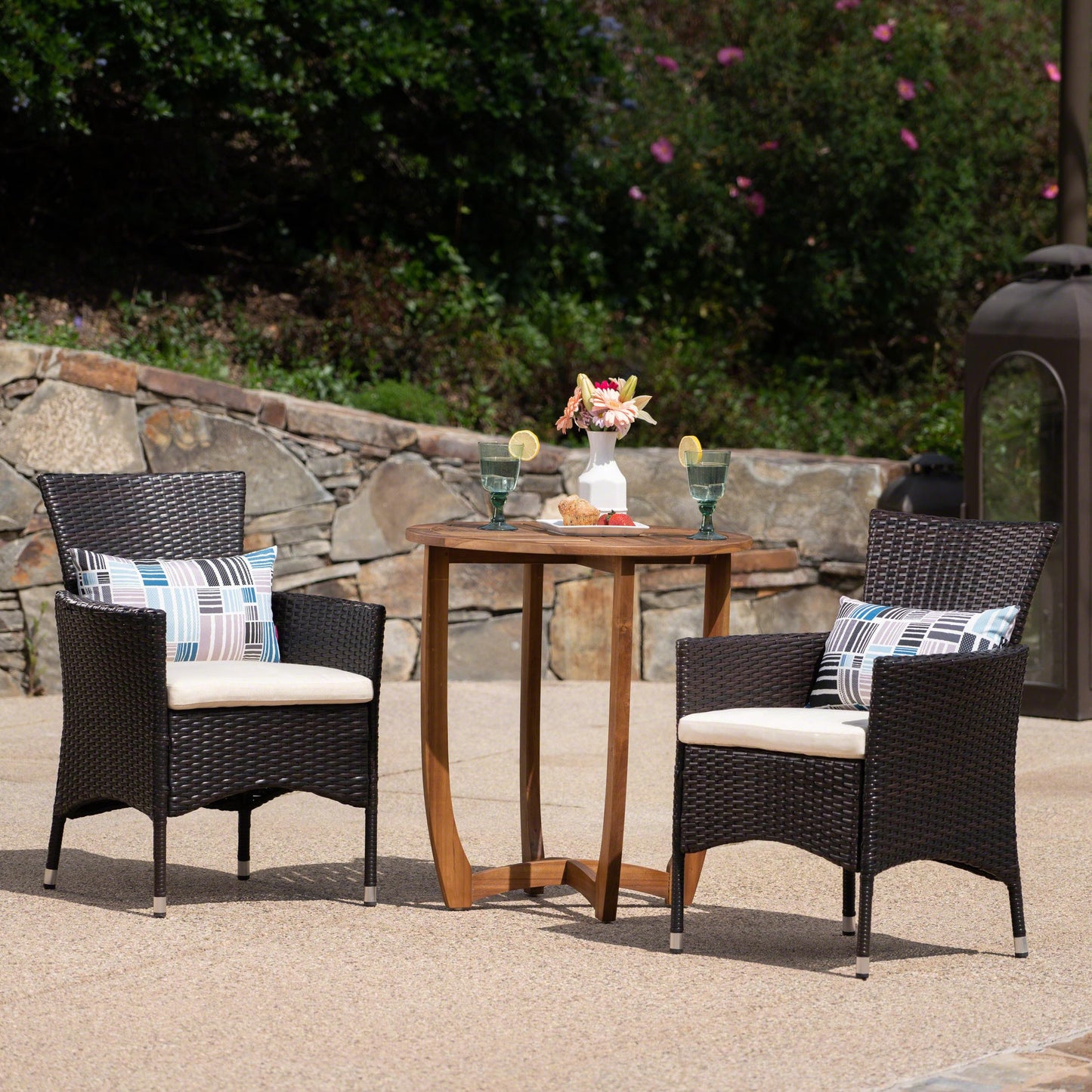 Christopher Knight Home Ellie Outdoor 3 Piece Acacia Wood/Wicker Bistro Set with Cushions, 23.25 "W x 24 "D x 33 "H, Multibrown + Beige + Teak