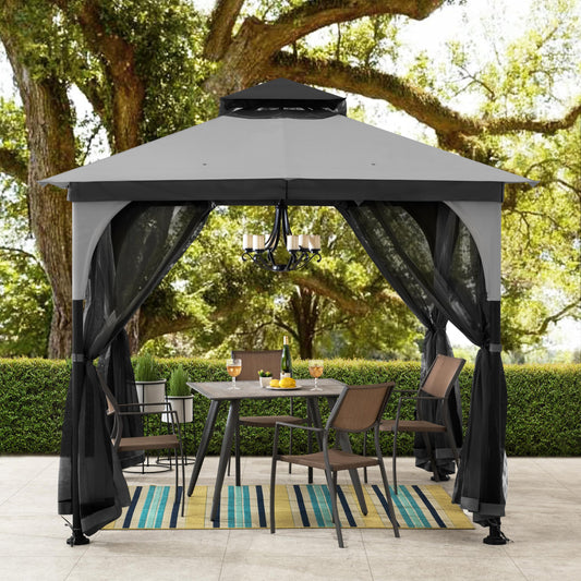 Sunjoy 9 ft. x 9 ft. Gazebo with 2-Tier Canopy Roof, Steel Frame Soft top Gazebo with Ceiling Hook and Mosquito Netting, Grey and Black