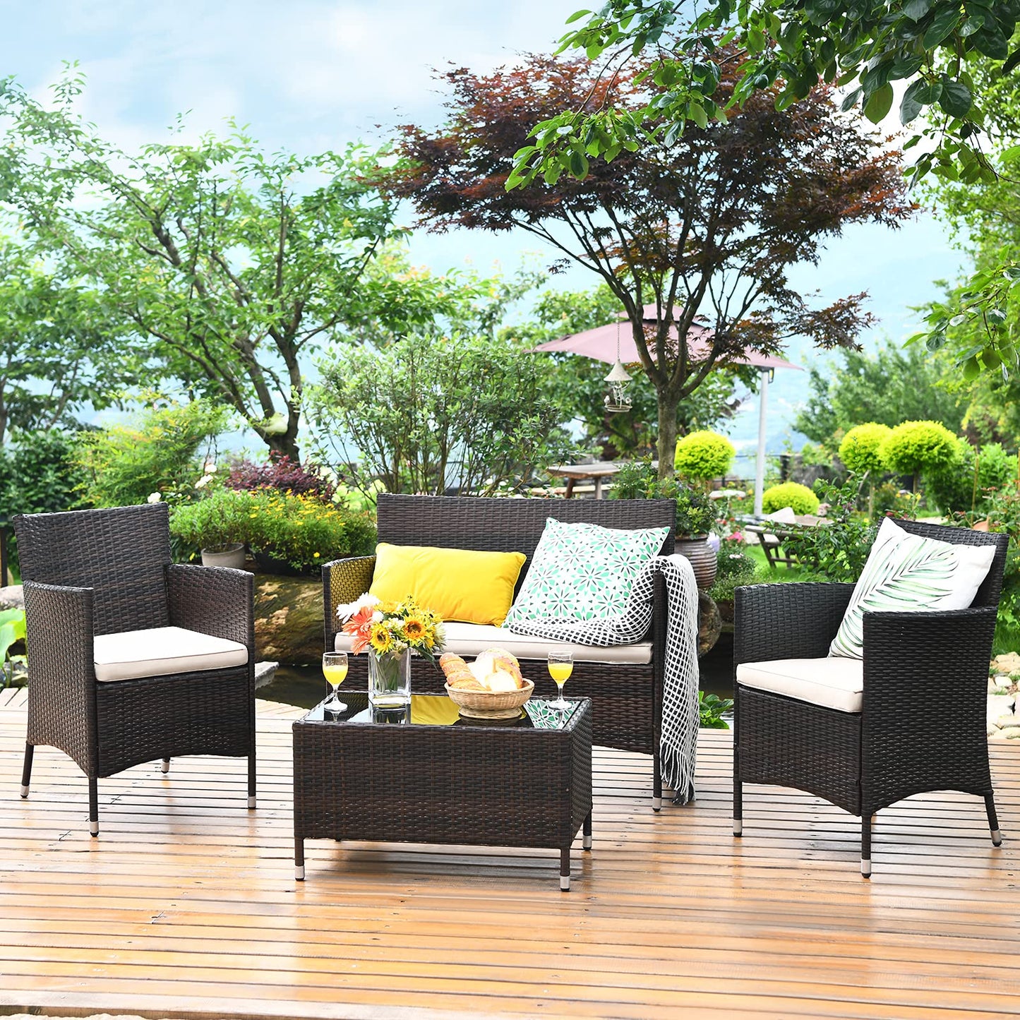 COSTWAY 8PCS Rattan Patio Furniture Set, Outdoor Wicker Rattan Chairs with Coffee Table, Rattan Cushioned Conversation Set for Backyard Balcony Porch Poolside, Brown