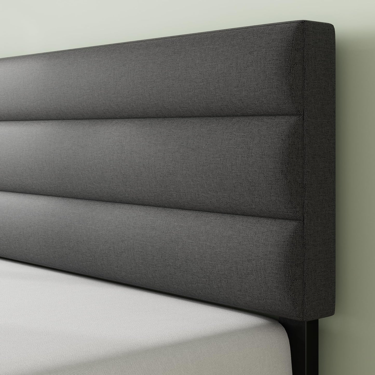 Zinus Queen Piper Upholstered Platform Bed with Horizontal Paneled Headboard, Wooden Slat Support, No Box Spring Needed, Easy Assembly, Eco Friendly Packaging, Dark Grey