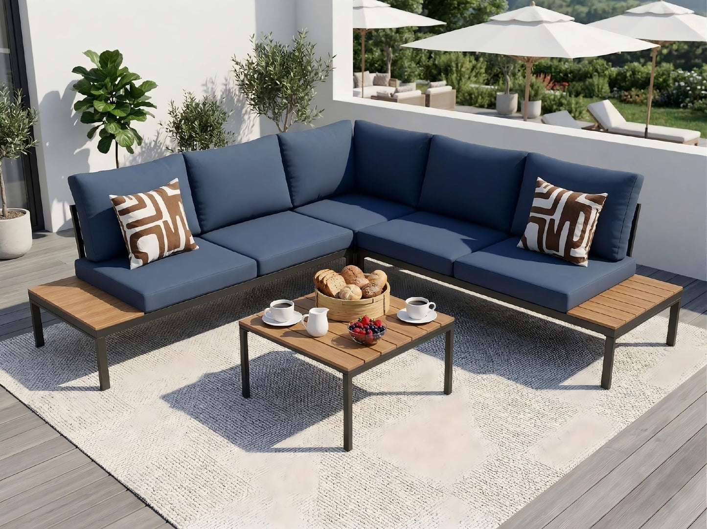 KEIKI 4-Piece L-Shaped Outdoor Patio Furniture Set, Rattan Patio Conversation Set with Coffee Table & 1 Corner Sofa & 2 Double Sofa, Wicker Curved Sectional Sofa Set, for Backyard, Dark Blue