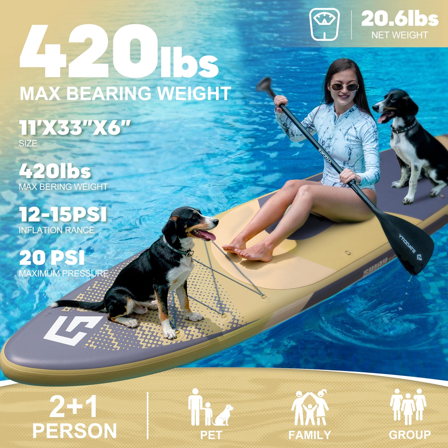 STARCITY Inflatable Paddle Board Wide Stable All Around Performance Touring Yoga Fishing Ready 420 Pound Capacity11'*33"*6" for Lake Ocean W/Floating Paddle Beginners Couples Families