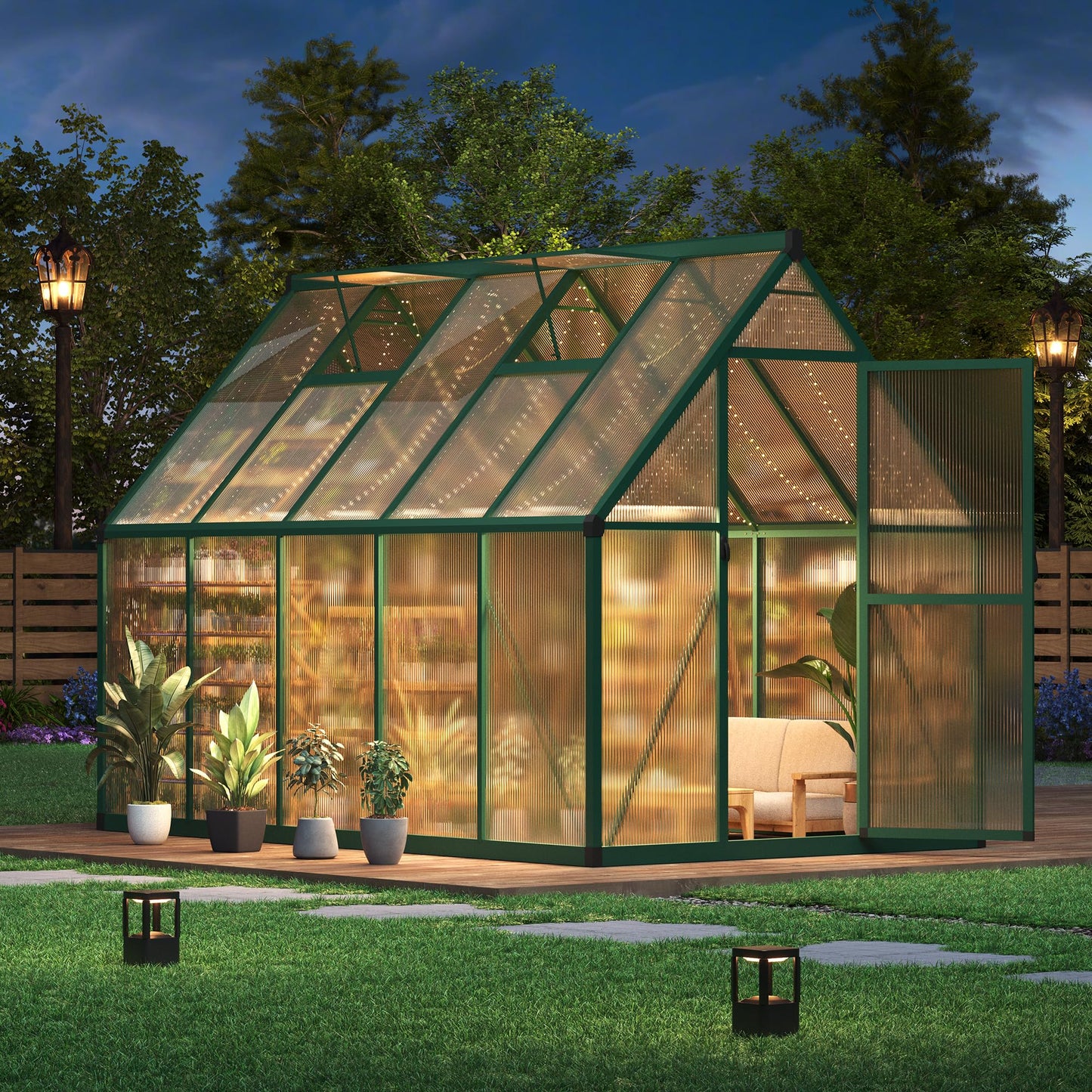 GarveeHome 6×9 FT Outdoor Greenhouse, Large Walk in Greenhouses for Outdoors and Garden Planting, Polycarbonate Green House with Enhanced Aluminum Frame and W/Lockable Push Door, Green