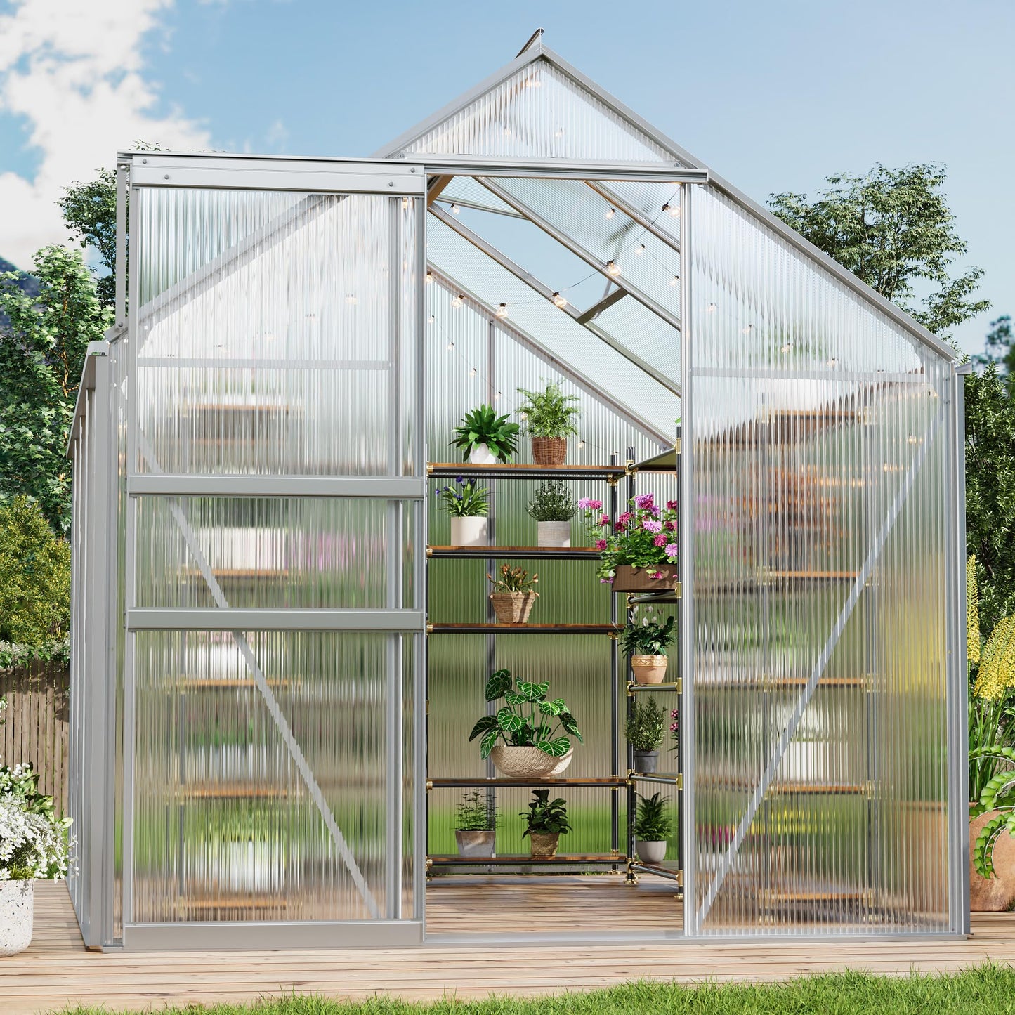 GarveeHome 6x8FT Greenhouse, Large Walk-in Polycarbonate Greenhouse with Adjustable Vent Window, Sliding Door, Portable Green House Kit for Outdoors, Winter