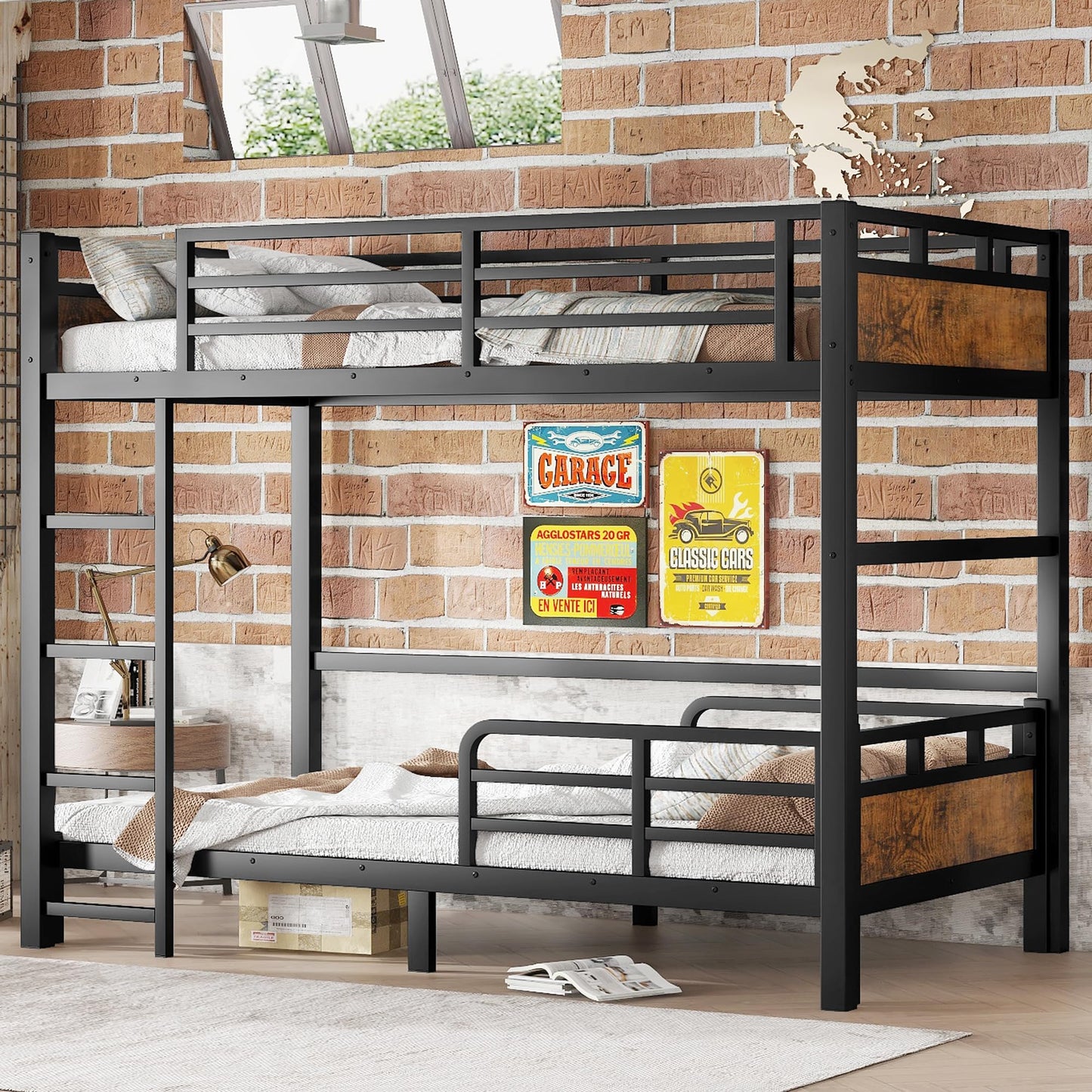 Twin XL Over Twin XL Metal Bunk Bed, Heavy Duty Convertible Bunk Bed Frame with Headboard & Full Guardrails, Can Be Split into Two Platform Beds or Loft Bed,Vintage