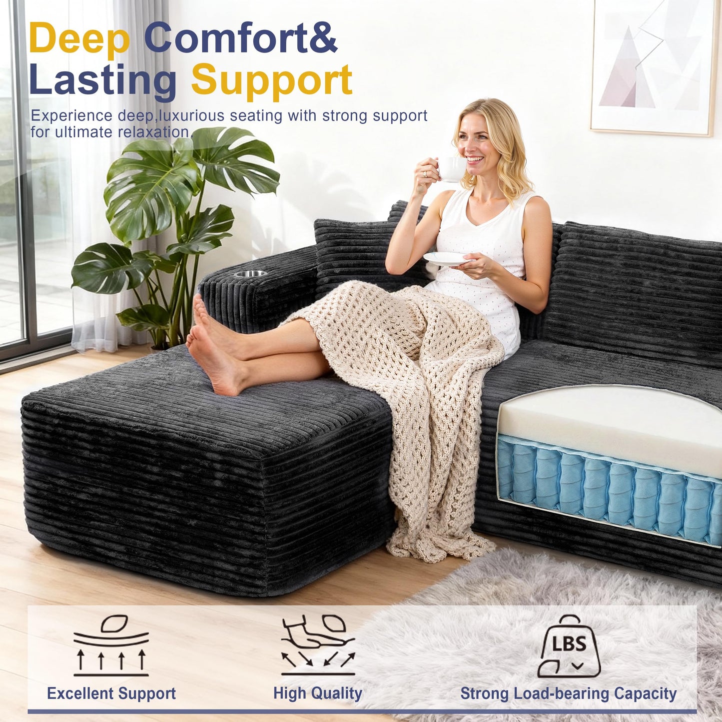 Shintenchi Boneless Couches for Living Room with 2 Cup Holders,L Shaped Modular Sectional Sofa Set,No Assembly Needed Plush Corduroy Living Room Set,Black