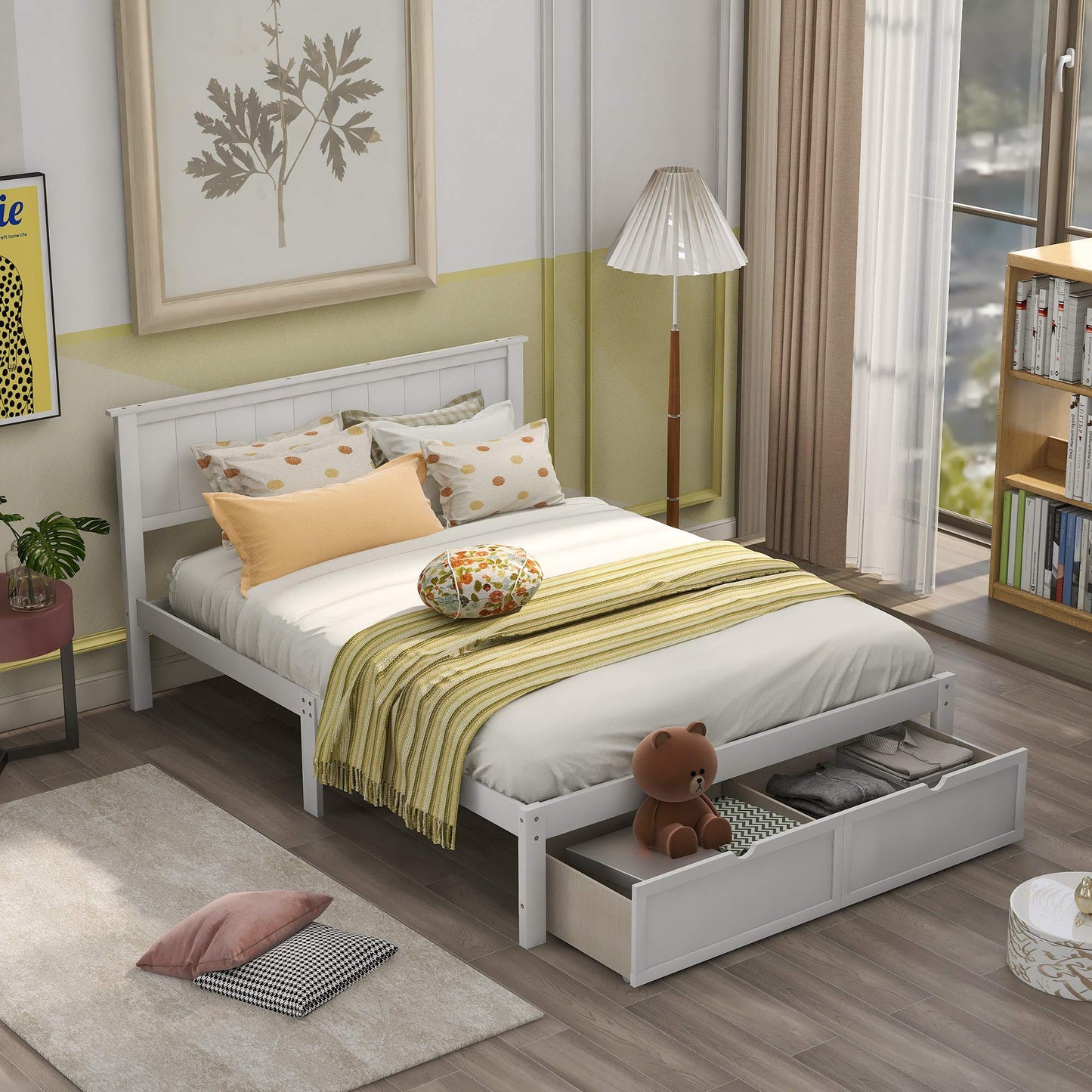 GDFStudio Full Size Platform Bed with Under-Bed Drawers, Solid Pine Wood and MDF Bed Frame, Storage Platform Bed with Support Legs, No Box Spring Needed, White