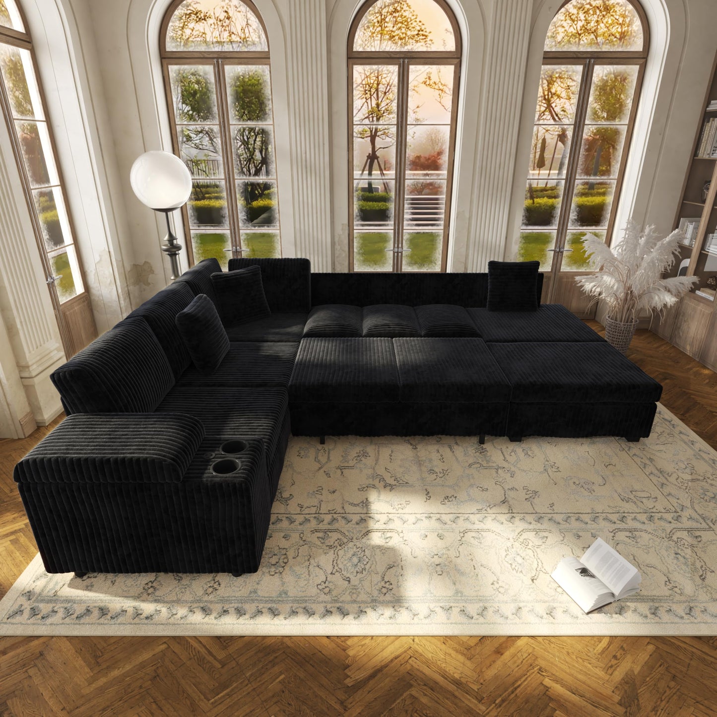 KEIKI 110" L-Shaped Oversized Plush Corduroy Modular Sectional Sofa with Pull-Out Bed, Convertible 6-Seater Sleeper Couch Bed with 1 Ottomans & USB & Cup Holders, Easy Assembly, for Living Room, Black