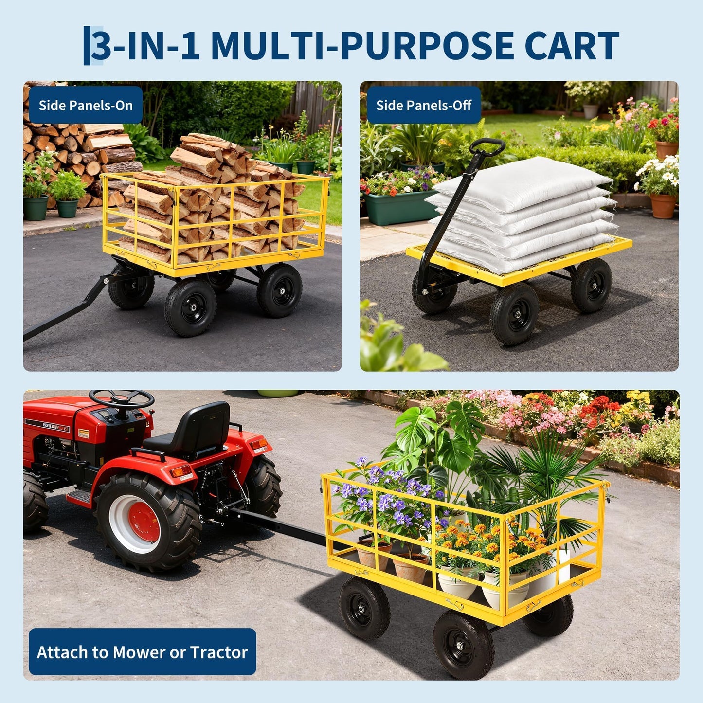 1500 LB Garden Wagon Cart with 13 in All Terrain Tires, 3-in-1 Yard Wagon Cart with Removable Side Panels, Heavy Duty Outdoor Metal Utility Wagon Yard Trailer for Outdoor Lawn, Yard, Backyard