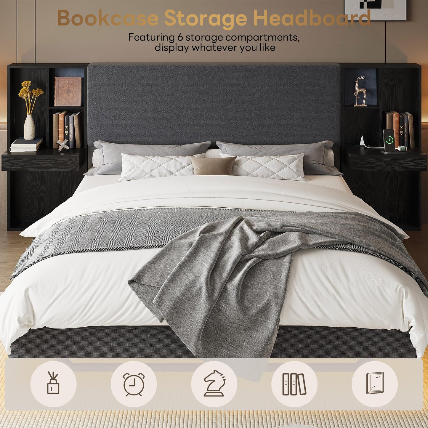 LIKIMIO Modern Queen Bed Frame with Built-in Bookcase Headboard, Floating Upholstered Platform Bed with Storage Shelves and LED Lighting, No Box Spring Needed, Dark Gray/Black