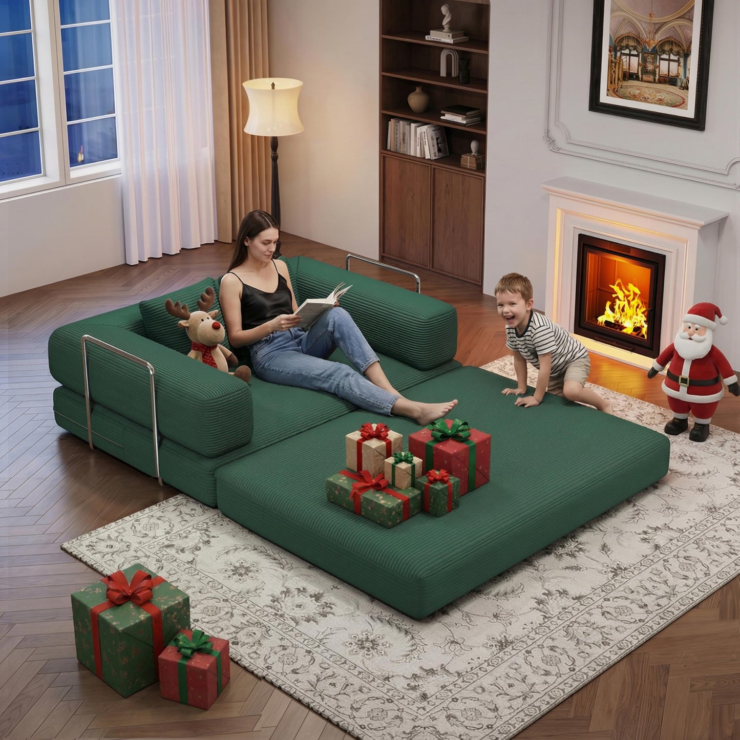 4 in 1 Convertible Sofas Boneless Couches with 2 Pillow, Modern Corduroy Futon Bed, Modular Queen Sofa with Pull-Out Bed, LoveSeat for Living Room, Small Space Apartment (Green, 53.15"Double Sofa)