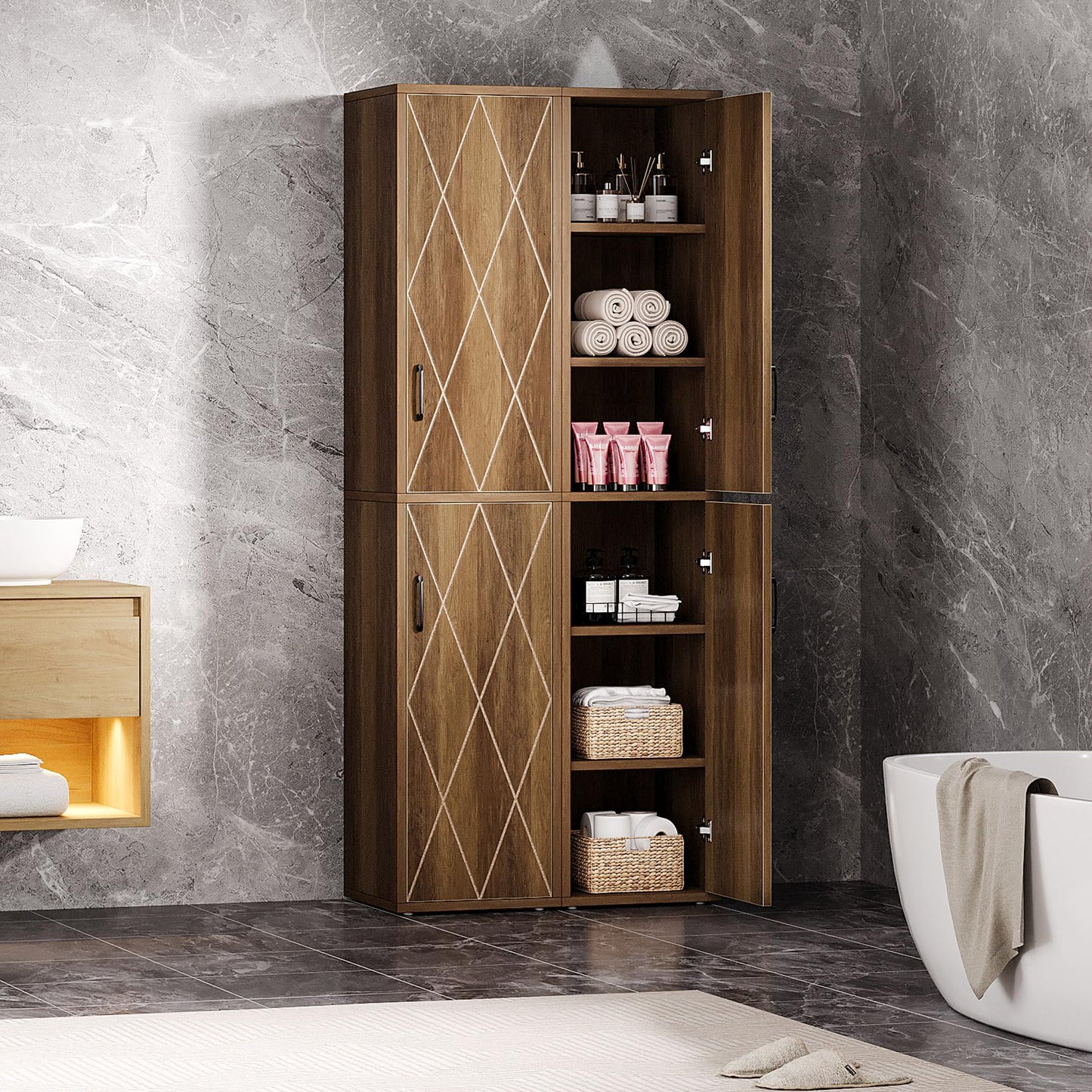 Tribesigns 75" Tall Narrow Storage Cabinet, 15 Inch Wide Wood Kitchen Pantry Cabinet with Doors and 6 Shelves, Free Standing Utility Cabinet for Bathroom, Small Space, Laudry, Brown