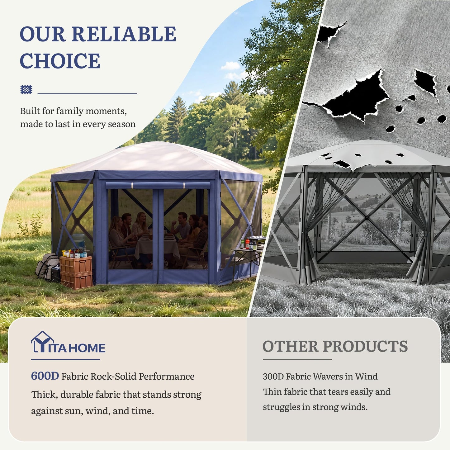 YITAHOME 12x12ft Camping Gazebo, Portable Pop Up Canopy Outdoor Screen Tent 6 Sided with Mesh Windows and Carry Bag for Camping, Picnic, Backyard Party Outside Activities, Gray