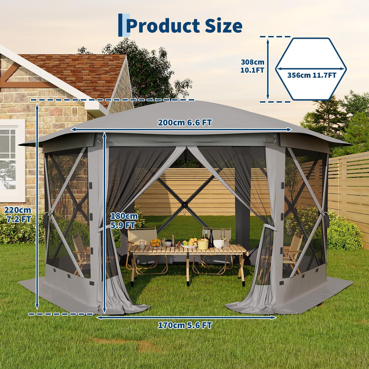 Garvee 12FT Pop-Up Gazebo 6-Sided, Outdoor Canopy Tent with Mosquito Netting, Removable Canopy Top & Wind Cloths for Camping, Backyard Parties, Outdoor Events, Grey