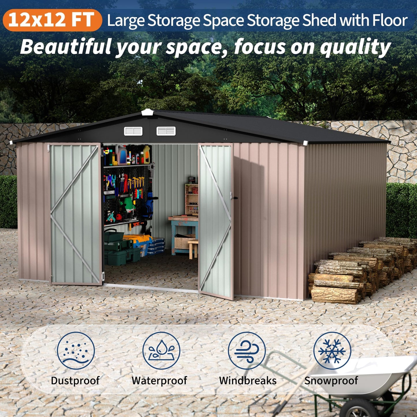 12X12 Ft Outdoor Storage Shed, Galvanized Steel Metal Tool Shed with Secure Lockable Door & Air Ventilation System, Rust-Resistant Utility Shed for Garden, Backyard, Easy Assembly & All-Season Use