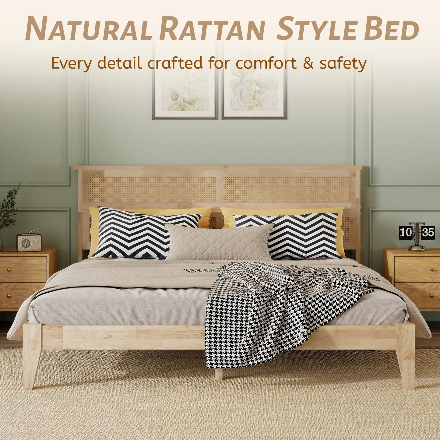 KEIKI King Size Solid Wood Bed Frame with Interwoven Rattan Headboard, Rubber Wood Platform Bed with Underbed Storage Space, Heavy Duty Support Legs, Noise Free Foundation, Natural
