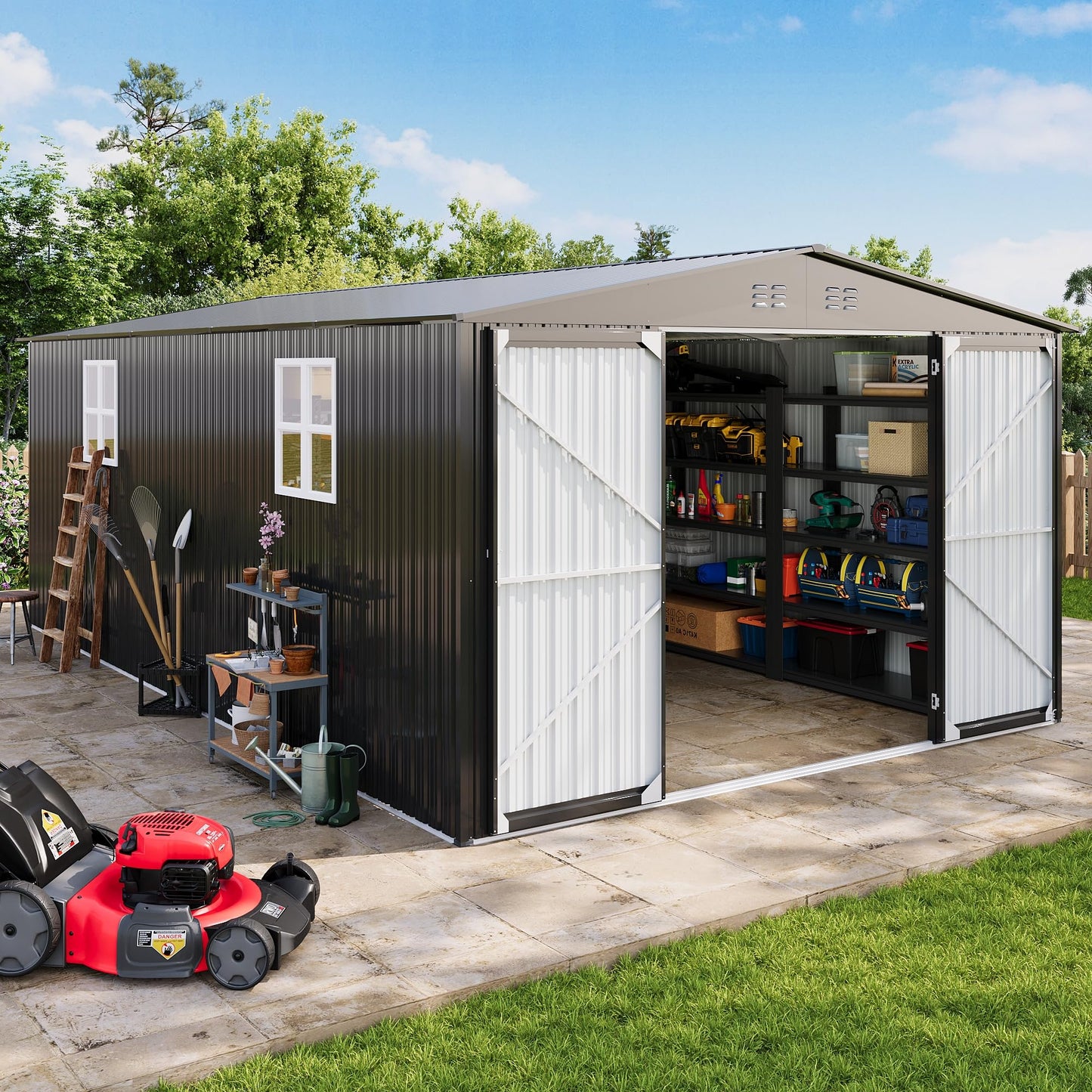 PABIMIA 12X20 FT Outdoor Storage Shed with Windows, Metal Garden Shed with Lockable Double Doors, Weather-Resistant Backyard Tool Shed for Patio, Lawn, Pool Supplies, Bikes & Outdoor Equipment