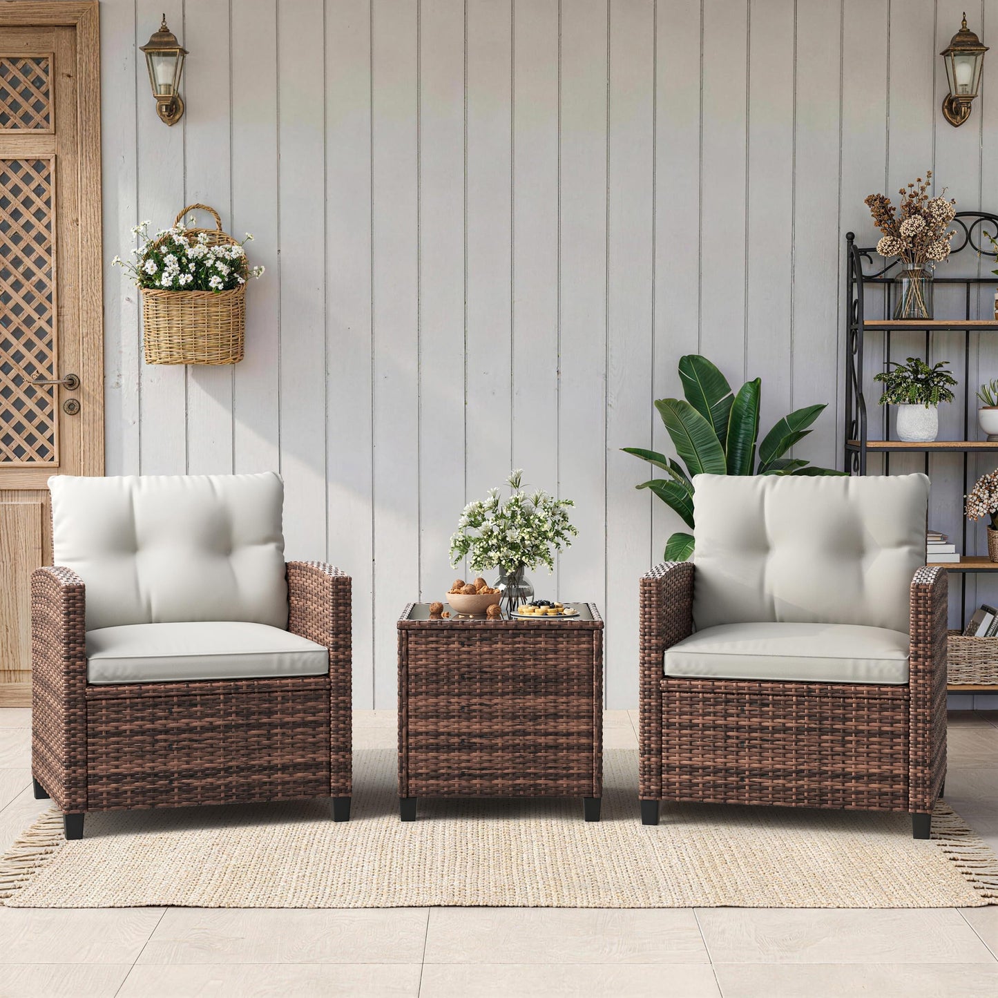 3-Piece Patio Furniture Set, PE Rattan Wicker Outdoor Sofa Set with Washable Cushions & Tempered Glass Tabletop, Conversation Set for Garden, Poolside, Balcony (Brown Wicker & Beige Cushions)