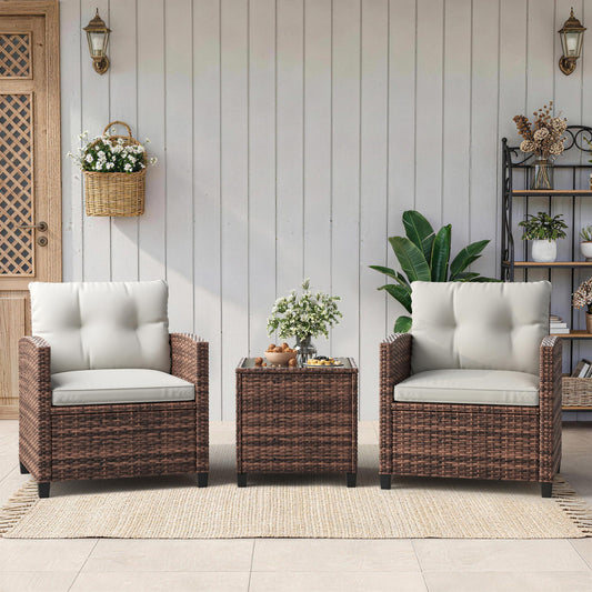 3-Piece Patio Furniture Set, PE Rattan Wicker Outdoor Sofa Set with Washable Cushions & Tempered Glass Tabletop, Conversation Set for Garden, Poolside, Balcony (Brown Wicker & Beige Cushions)