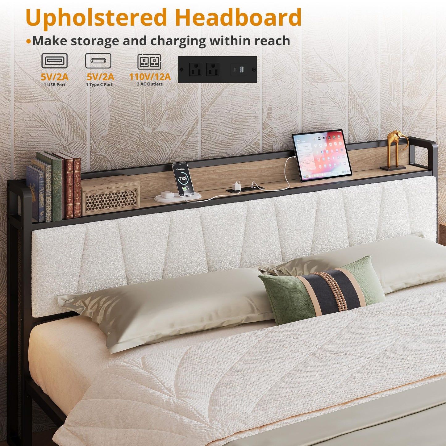 LIKIMIO King Size Bed Frame with 2 Drawers and Charging Station