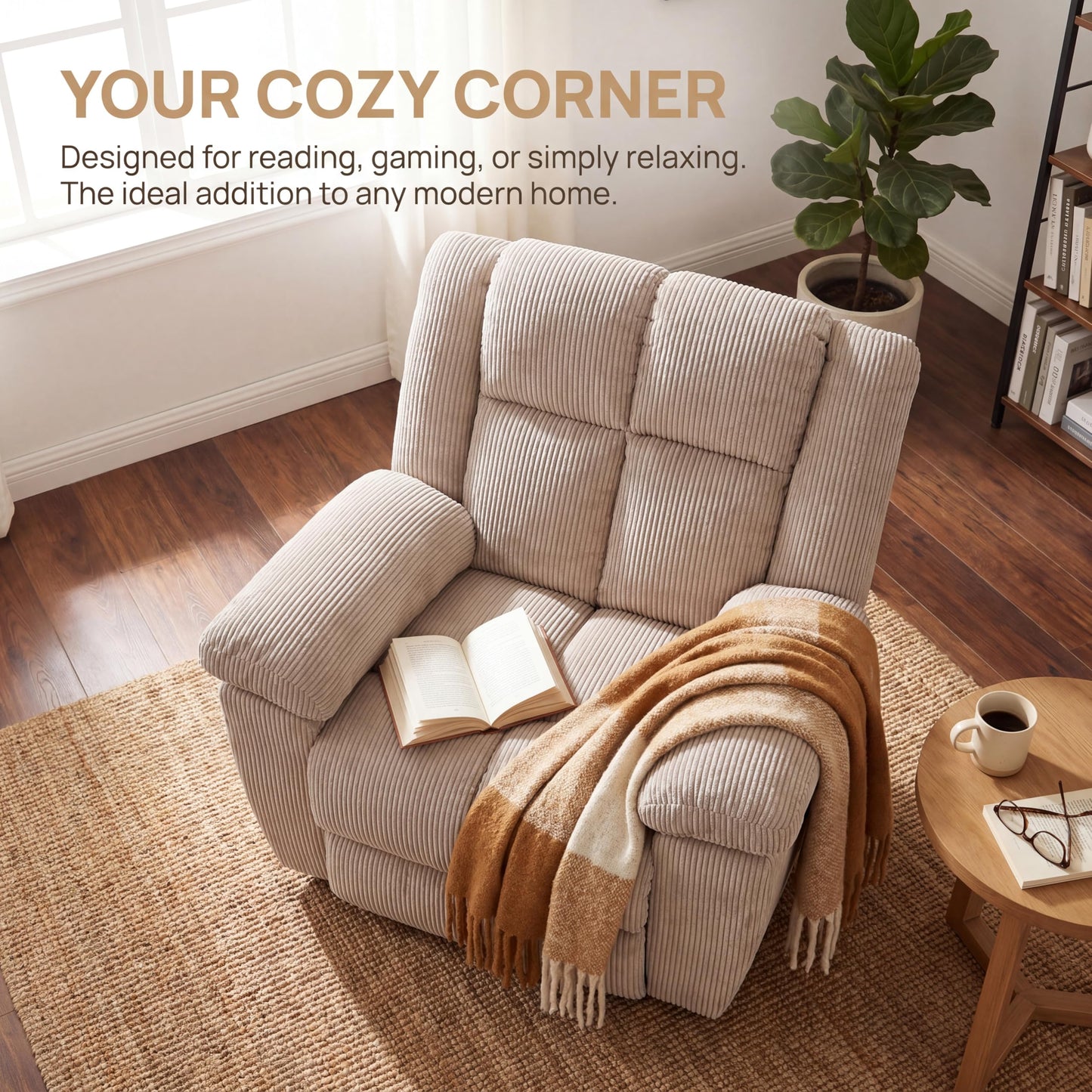 Trygoal Oversized Corduroy Recliner Chair, Manual Lazy Boy Recliner with Home Theater Seating, Breathable Living Room Reclining Chair for Adults Reading, Gaming, Relax, White