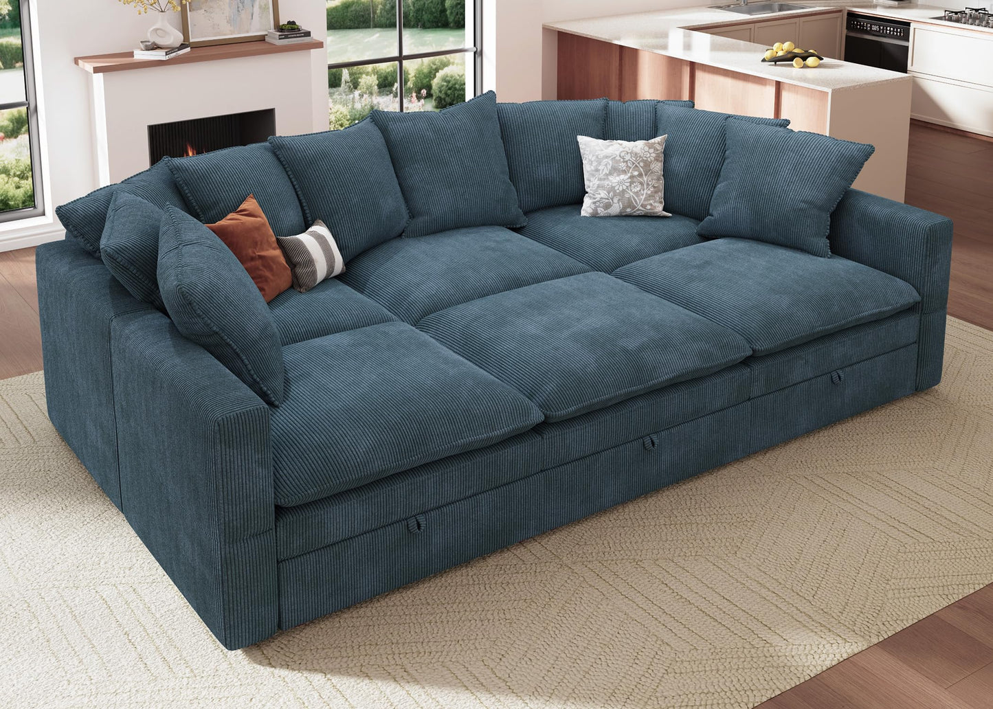 HONBAY Modular Sectional Sleeper Sofa, Corduroy 6 Seater Couch with Storage, Sectional Sleeper Couches for Living Room, Blue