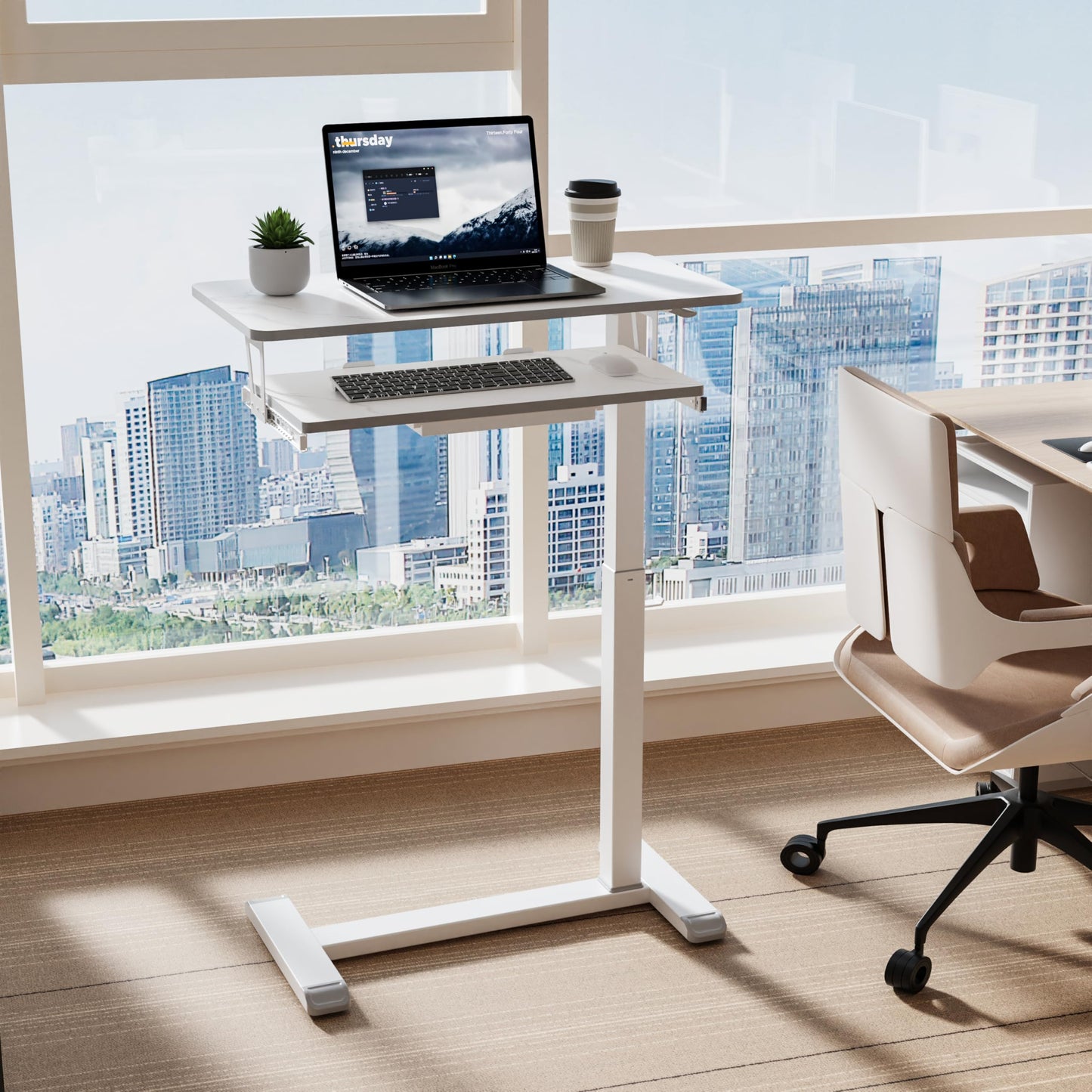 ETHU Overbed Table with Wheels, Medical Table with Drawer, Hospital Bed Table, Workstation Desk, Adjustable Overbed Bedside Rolling Laptop Desk, Marble White
