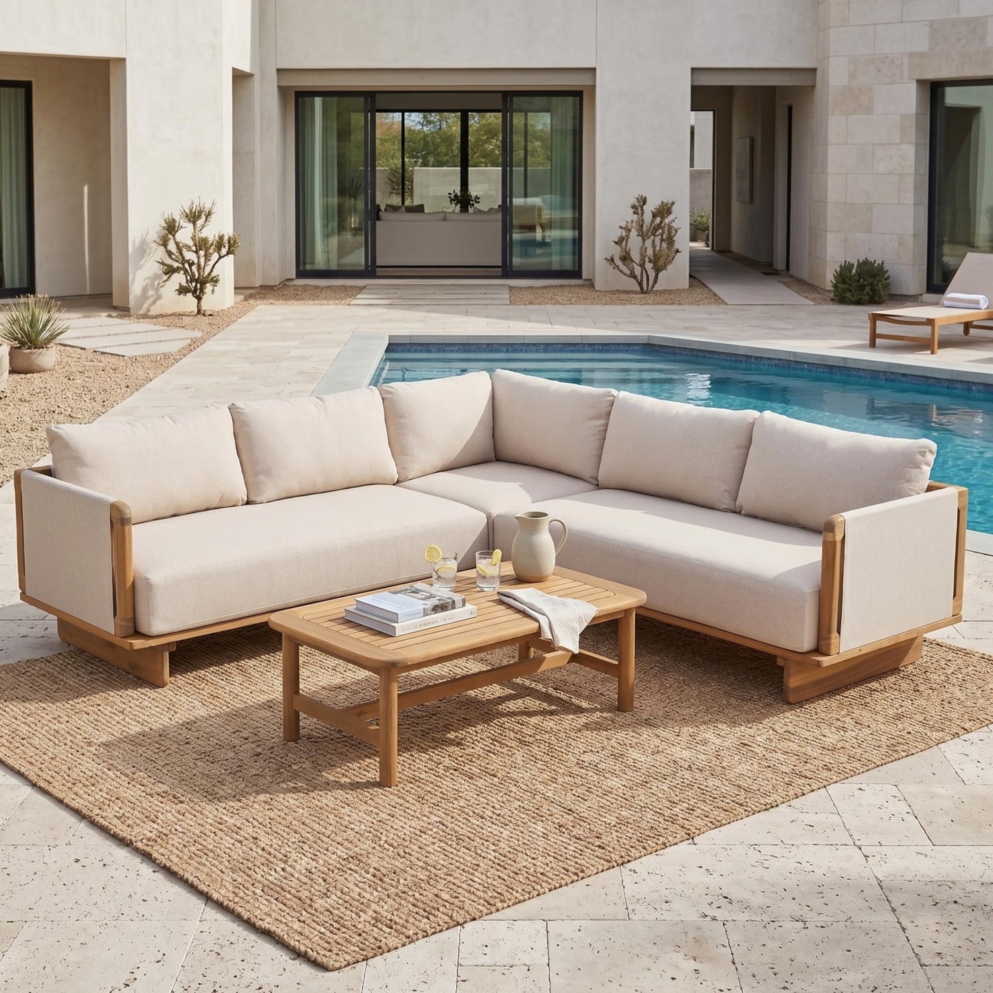 Merax 4 Piece Patio Outdoor Furniture Set, All-Weather V-Shaped Sectional Sofa with Cushions, 1 Coffee Table for Porch, Lawn, Backyard, Balcony, Light Teak+ Beige