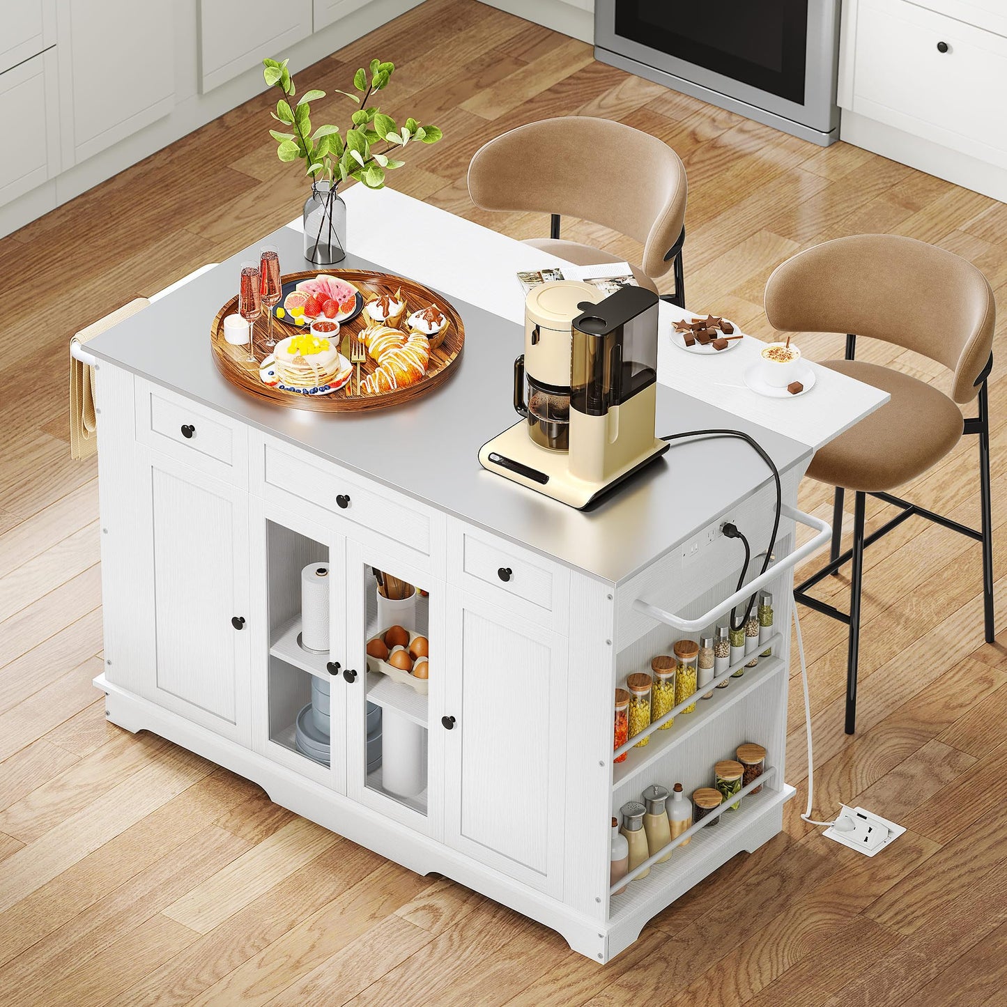 DWVO Kitchen Island with Stainless Steel Top & Power Outlet, 60 Inch Kitchen Island on Wheels with Drop Leaf, Large Rolling Mobile Center Islands w Storage Drawer Cabinet Counter Metal Top, White