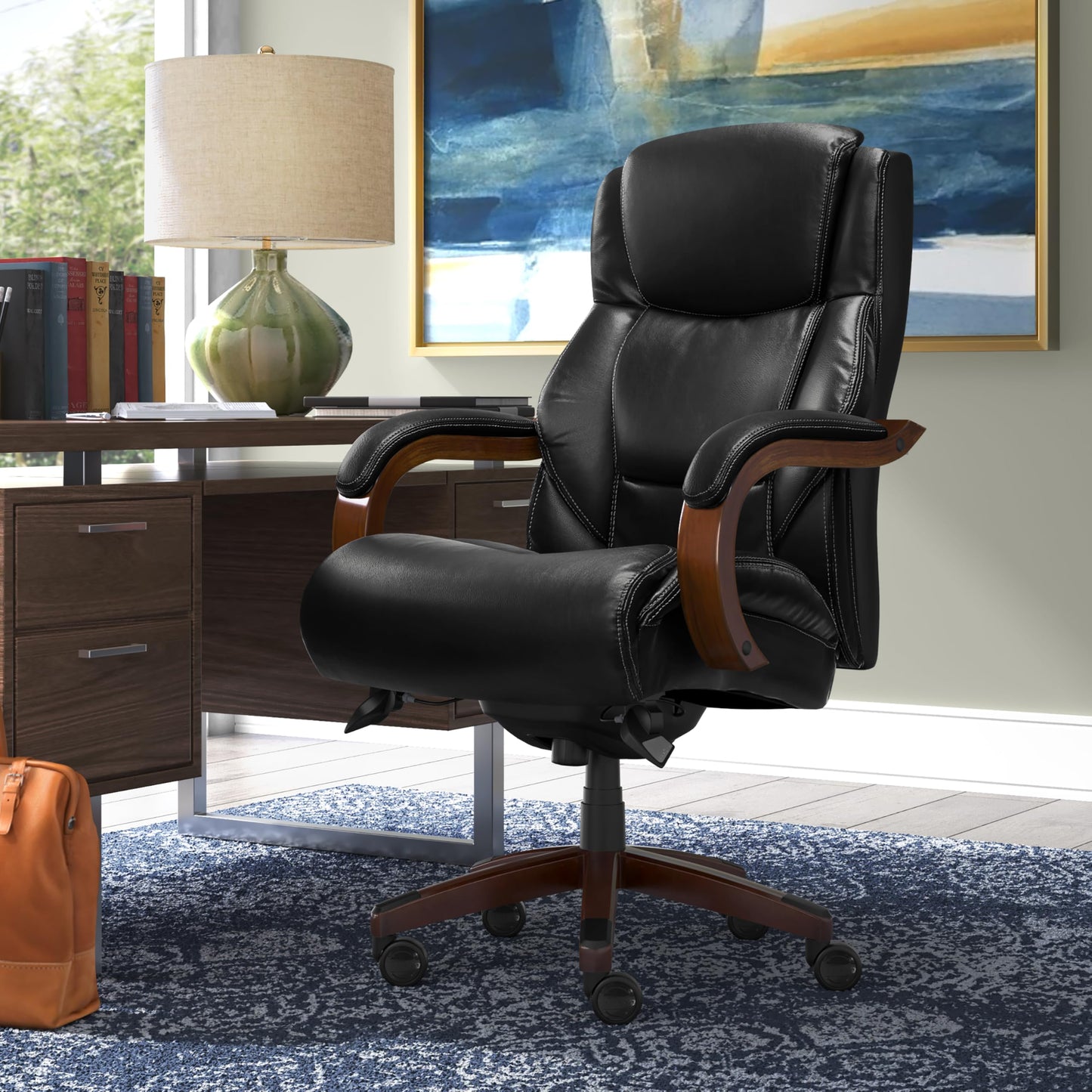 La-Z-Boy Delano Big and Tall Executive Office Chair - Ergonomic Lumbar Support Memory Foam - Bonded Leather Desk Chair for Home Office - Mahogany Wood Arms - Black