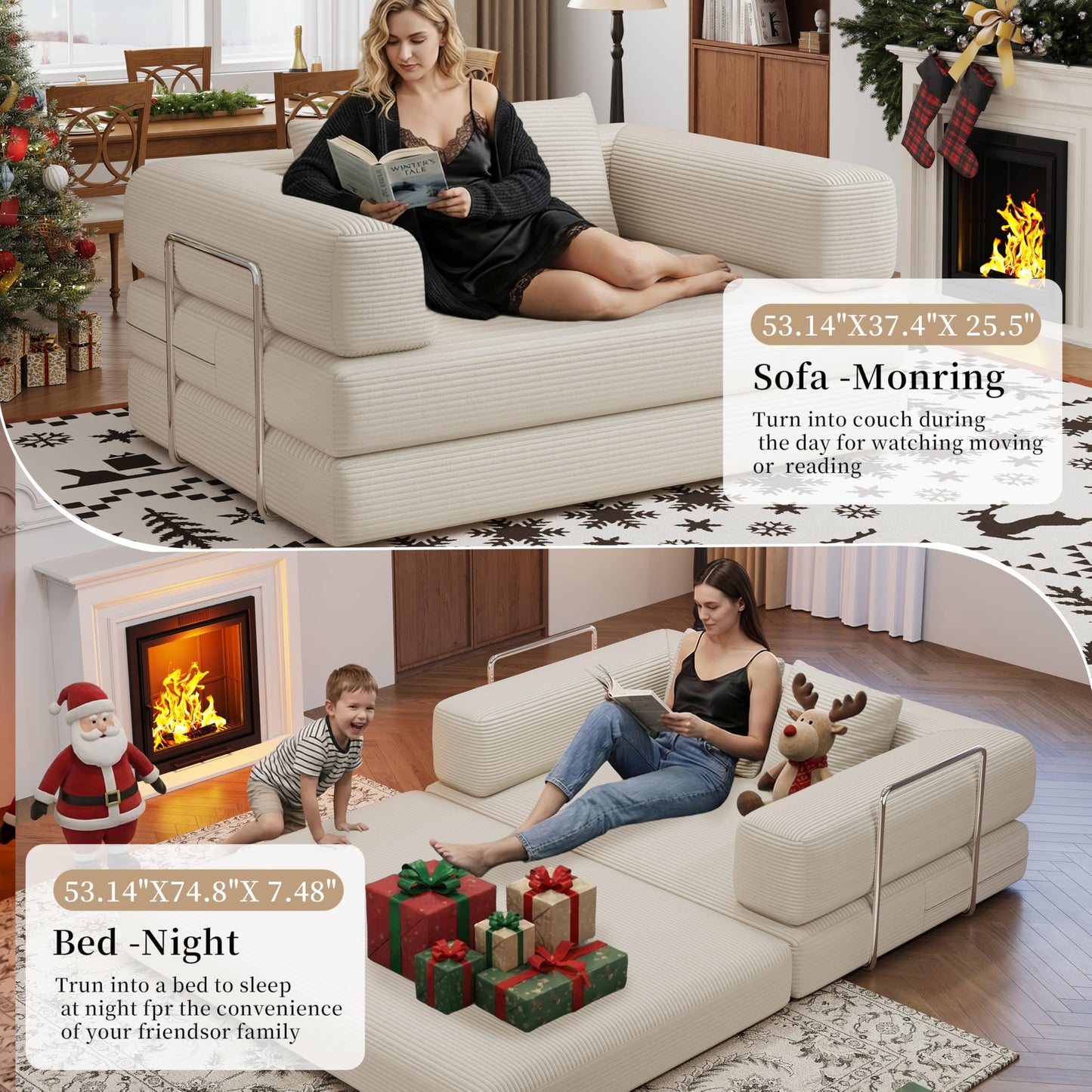 4 in 1 Convertible Sofas Boneless Couches with 2 Pillow, Modern Corduroy Futon Bed, Modular Queen Sofa with Pull-Out Bed, LoveSeat for Living Room, Small Space Apartment (Beige, 53.15"Double Sofa)
