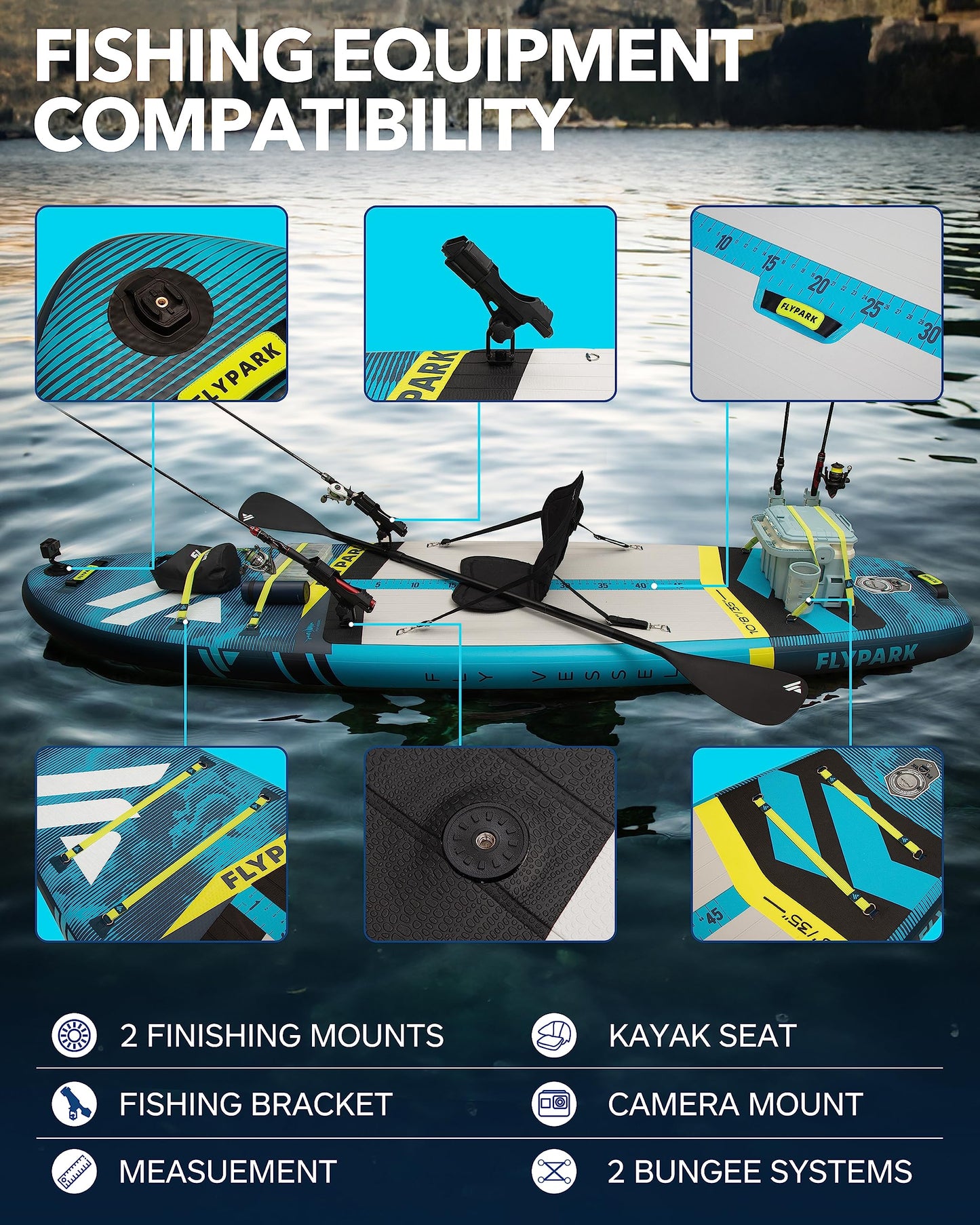 Flypark 10'8''x35'' Fishing Inflatable Paddle Board, Extra Wide SUP Paddleboard Inflatable, Fishing Stand Up Paddle Board, 2 Fish mounts, Rod Hold, Measurement, Kayak seat, Camera Mount Shoulder Strap