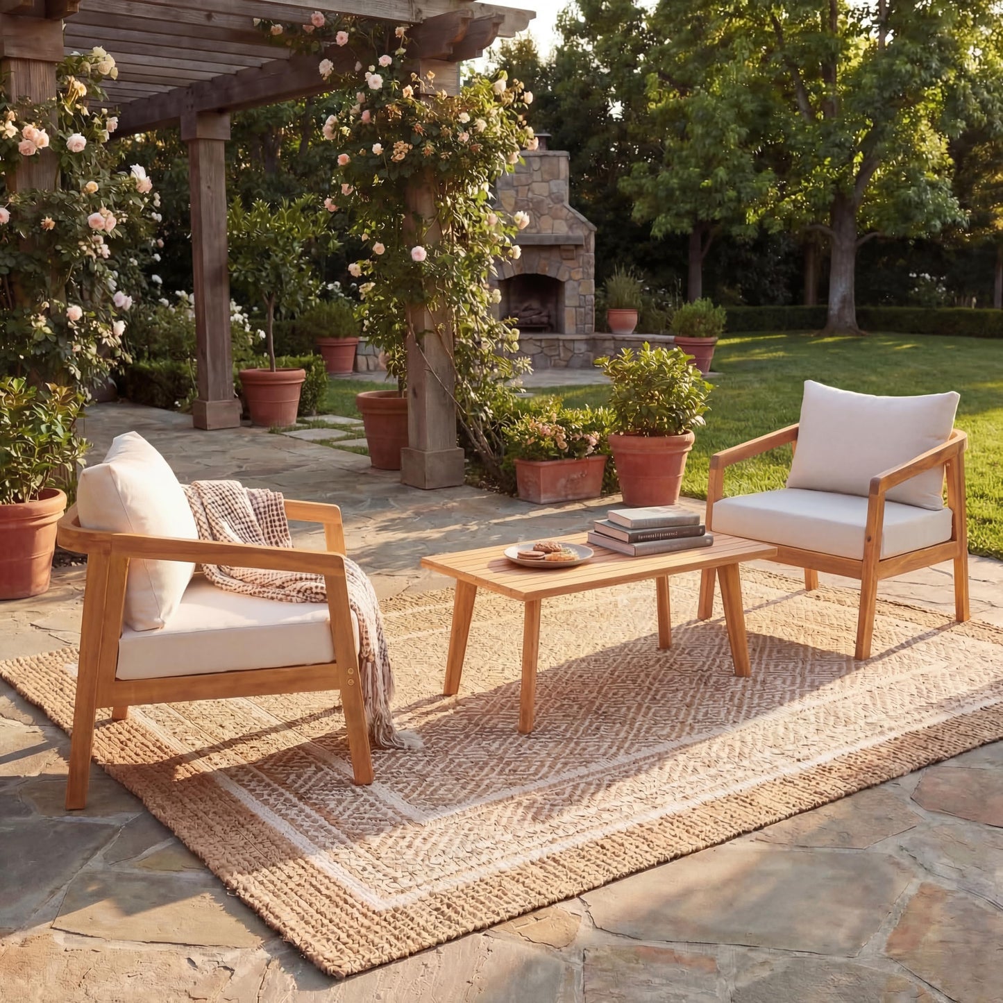 Christopher Knight Home Sures Acacia Wood Club Chair and Coffee Table Set, 3 Piece Patio Bistro Set, Solid Wood Outdoor Patio Furniture Set with Center Table, Natural+Beige