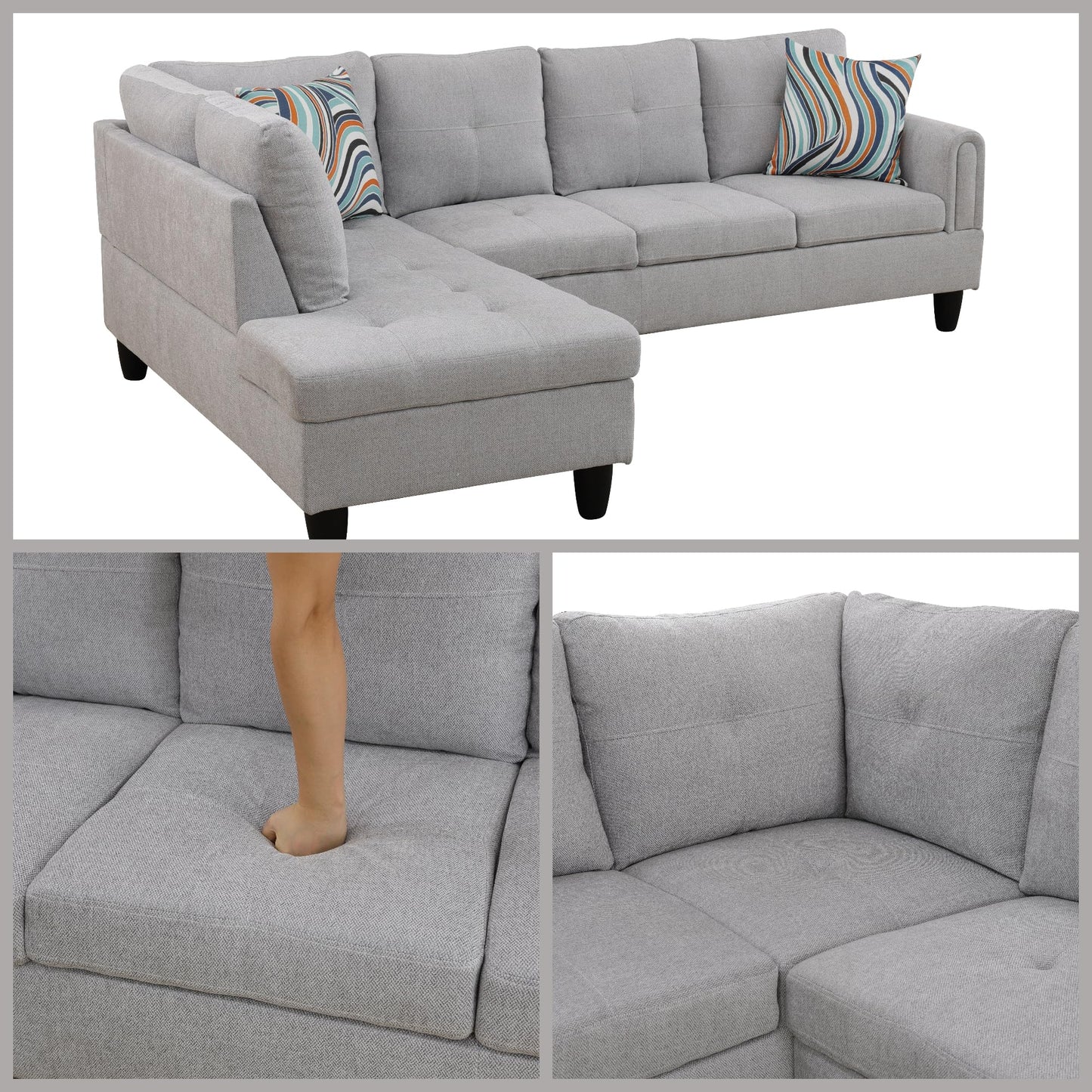 Trygoal L Shaped Couch Sectional Couches with Chaise, 3 Pieces Modular Convertible Sofa for Living Room Furniture Sets and Small Apartment, Grey