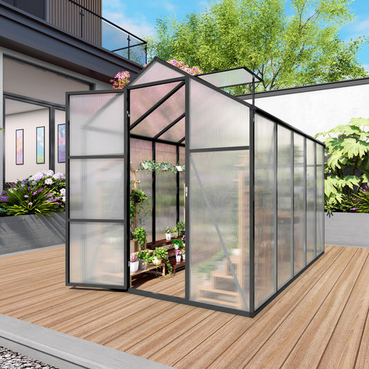 6x14FT Polycarbonate Greenhouse Kit, Aluminum Frame Walk in Garden Greenhouse with Vent Windows & Rain Gutter, UV Resistant Plant Nursery House for Backyard Patio Plant Growing Shelter Large