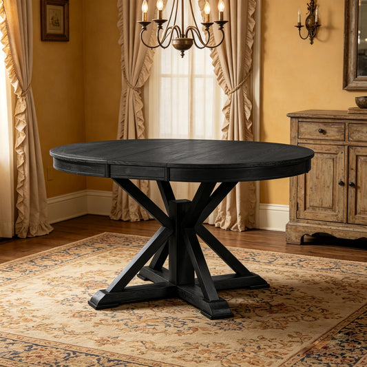 ERYE Retro Style Round Dining Table Functional Wooden Extendable Oval Dining Table with 12" Leaf and Natural Wood Grain Variation Tabletop